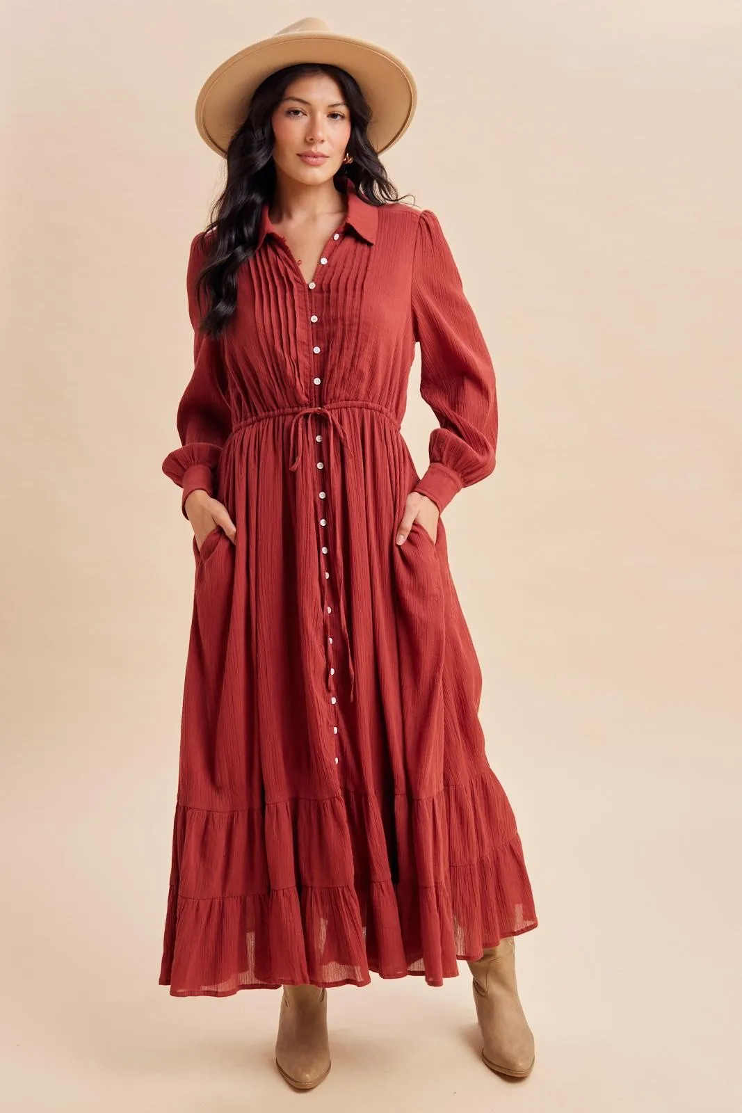 Terracotta Pleated Front Button Down Maxi Dress sold by Pinkblush product image thumbnail 2