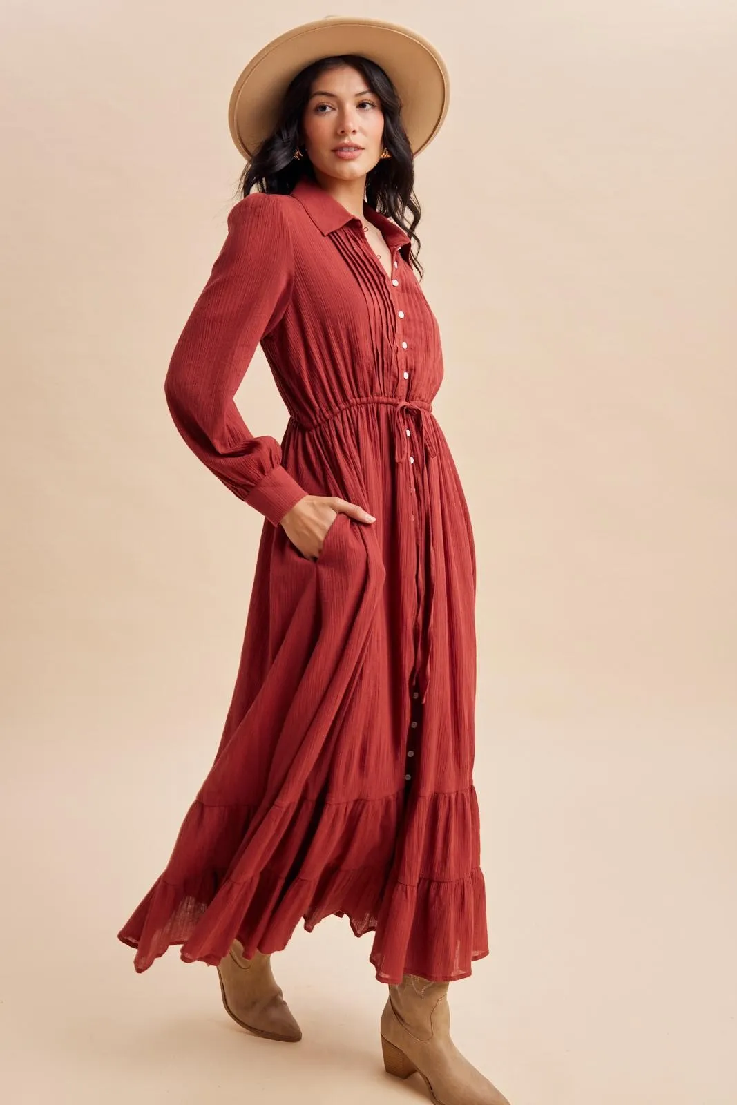 Terracotta Pleated Front Button Down Maxi Dress sold by Pinkblush product image thumbnail 3
