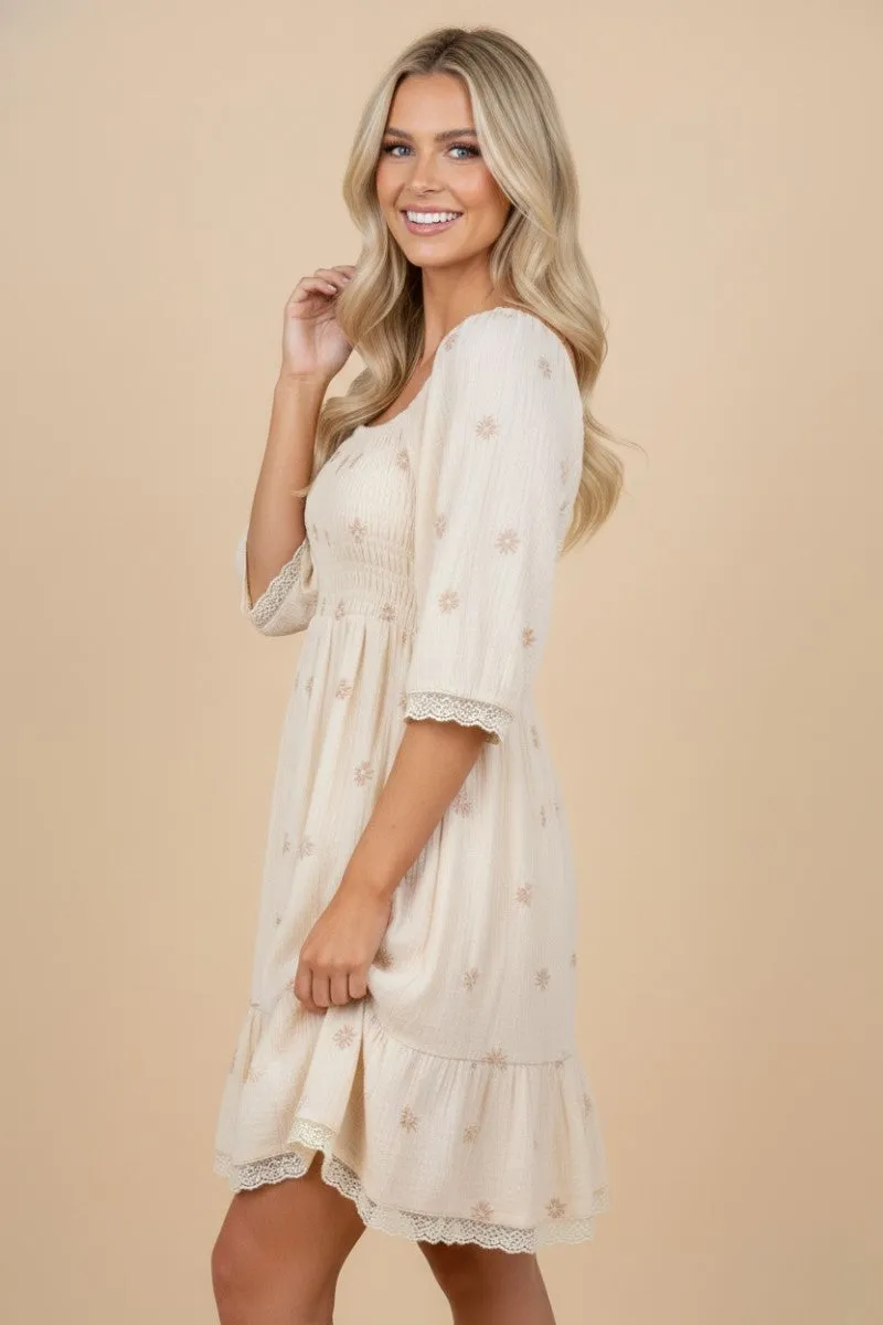 Beige Floral Embroidered Smocked Dress sold by Pinkblush product image thumbnail 2