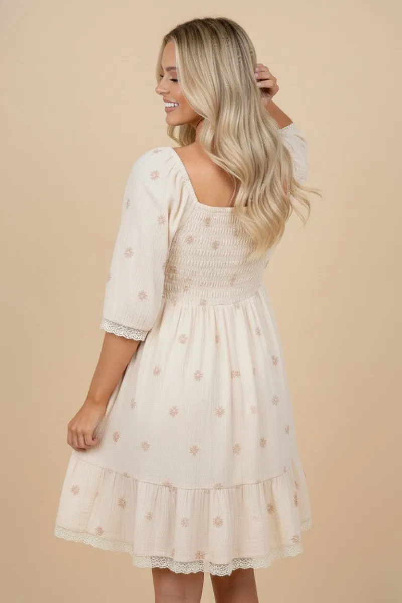 Beige Floral Embroidered Smocked Dress sold by Pinkblush product image thumbnail 3