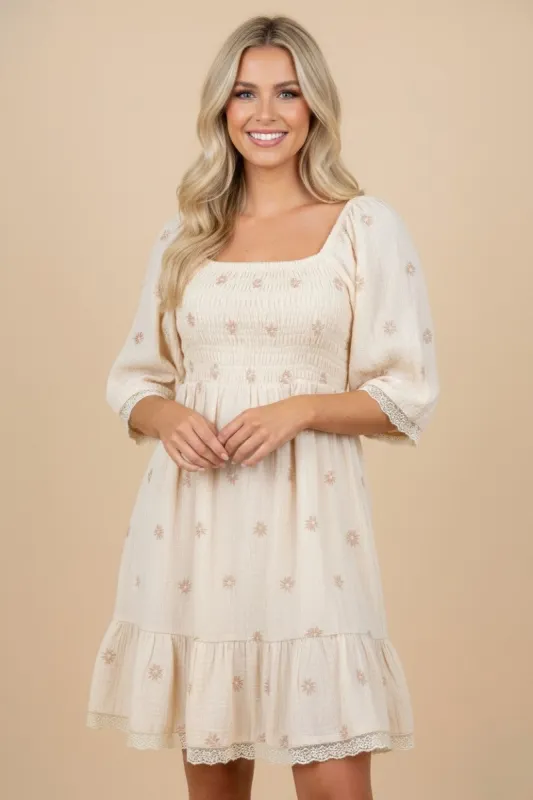 Beige Floral Embroidered Smocked Dress made by Jnna