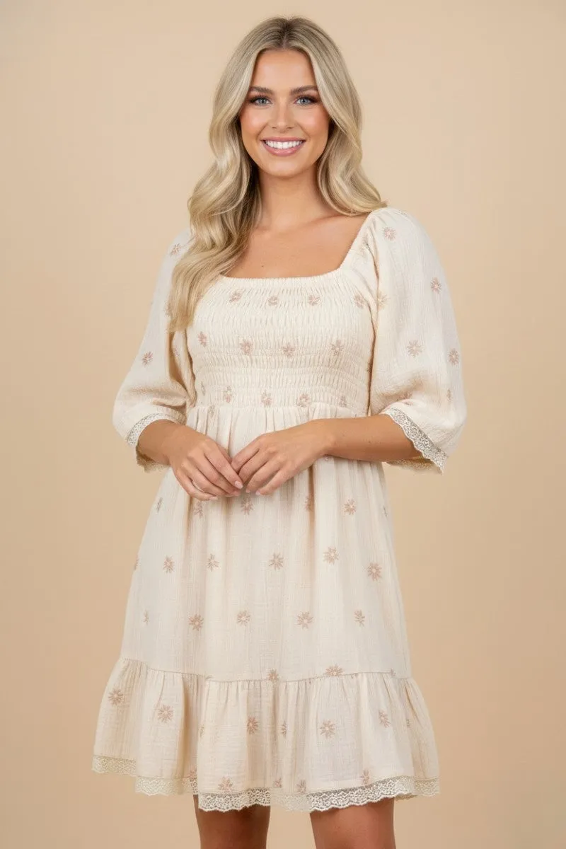 Beige Floral Embroidered Smocked Dress sold by Pinkblush