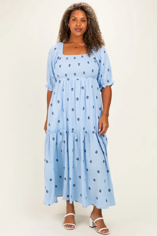 Light Blue Floral Smocked Puff Sleeve Plus Maxi Dress made by Jnna