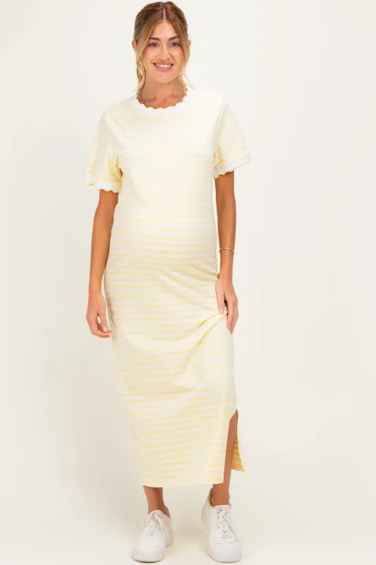 Butter Yellow Striped Scallop Trim Short Sleeve Maternity Maxi Dress made by Polagram