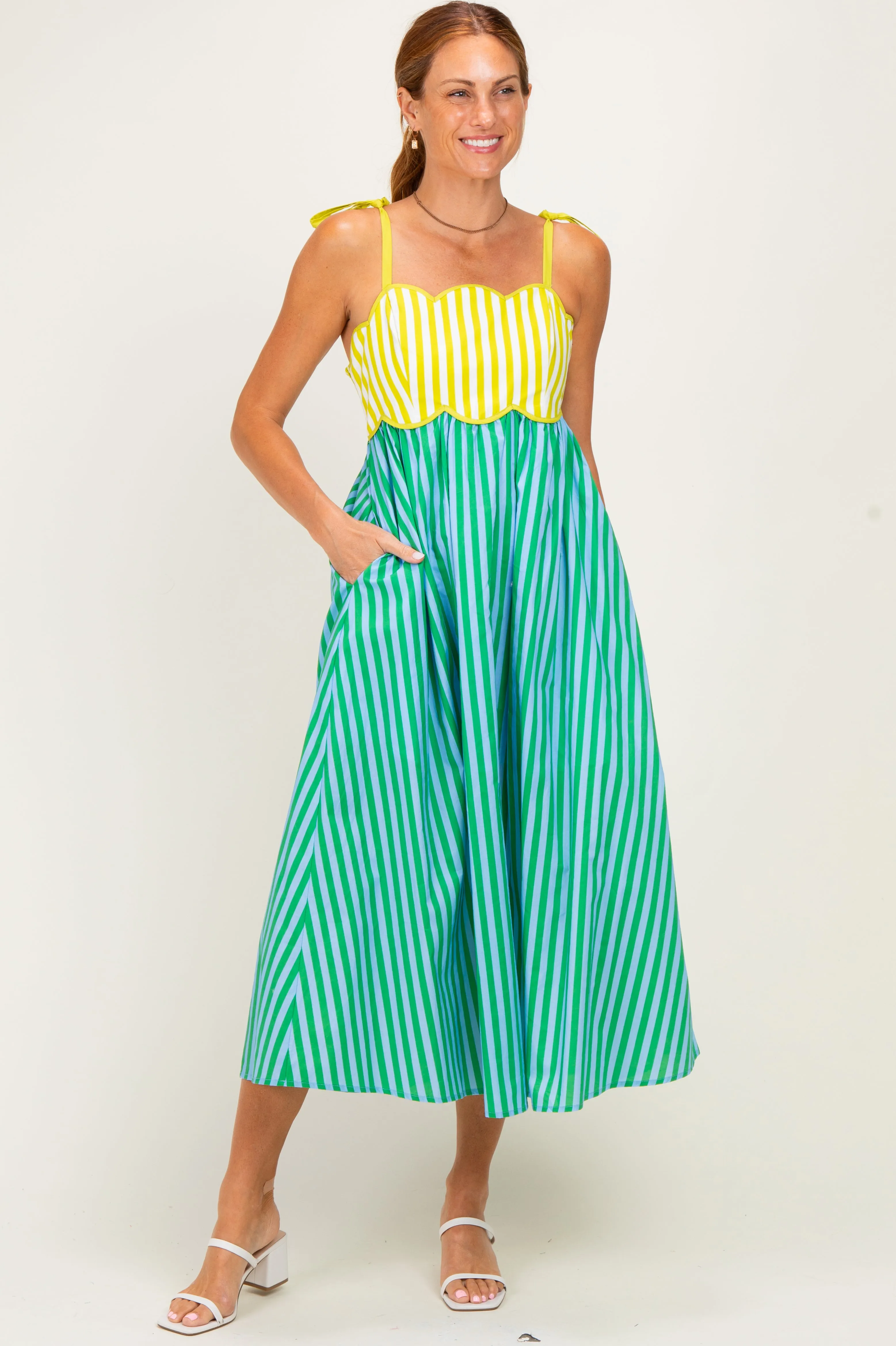 Kiwi Striped Colorblock Scallop Detail Midi Dress sold by Pinkblush
