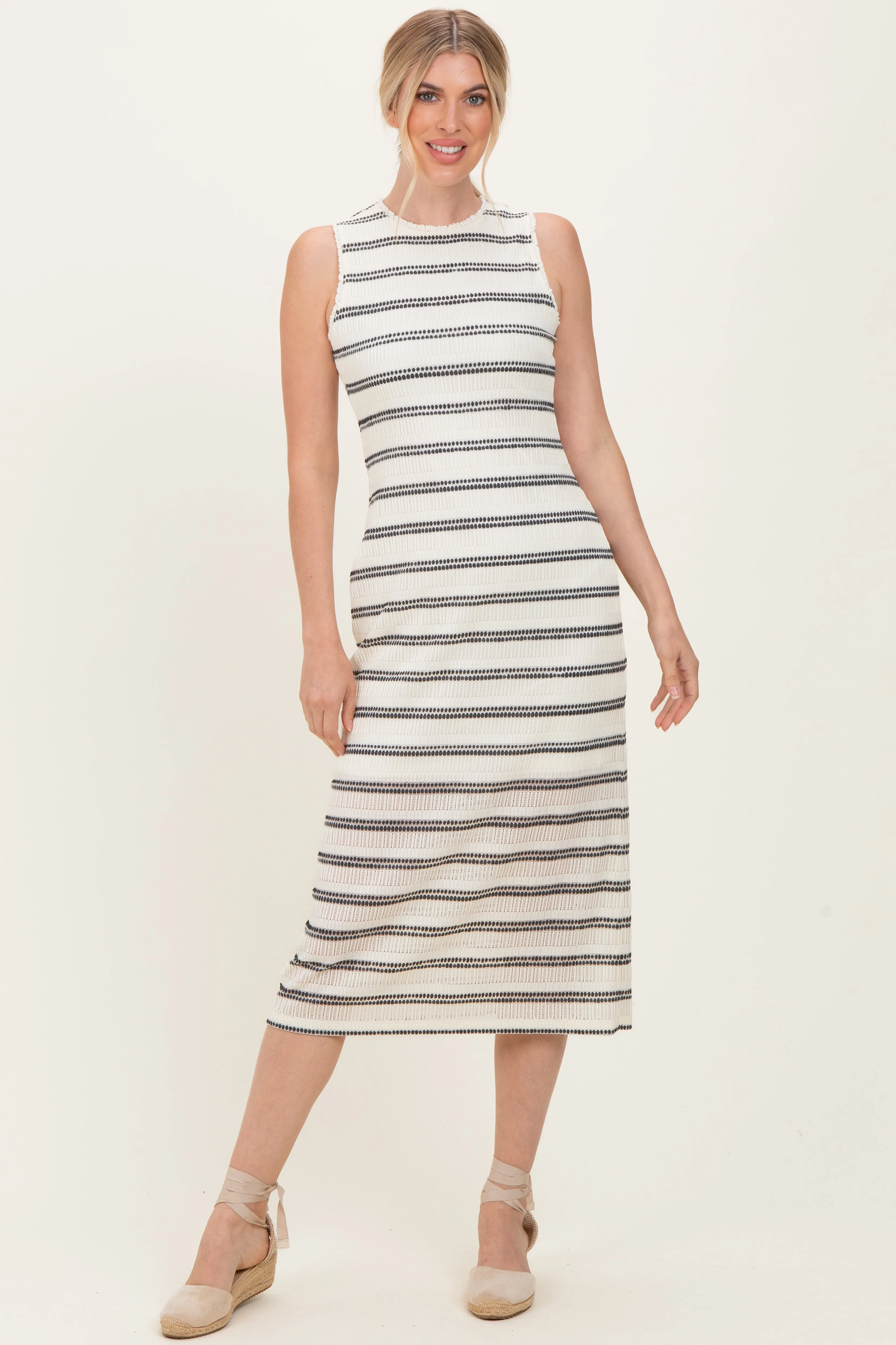 Ivory Striped Mesh Sleeveless Maternity Midi Dress sold by Pinkblush product image thumbnail 3