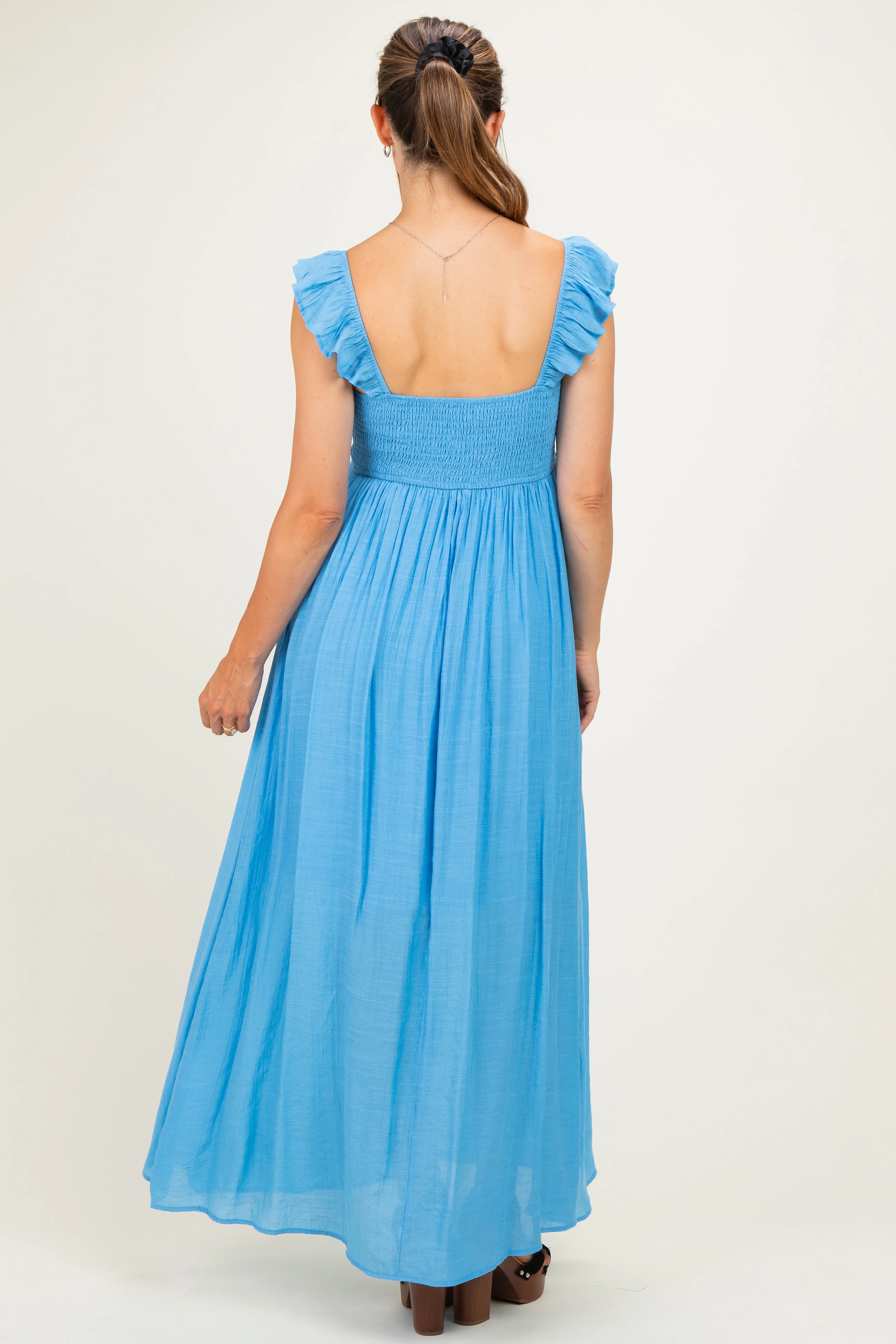 Blue Cinched Smocked Bust Sleeveless Maternity Maxi Dress sold by Pinkblush product image thumbnail 4