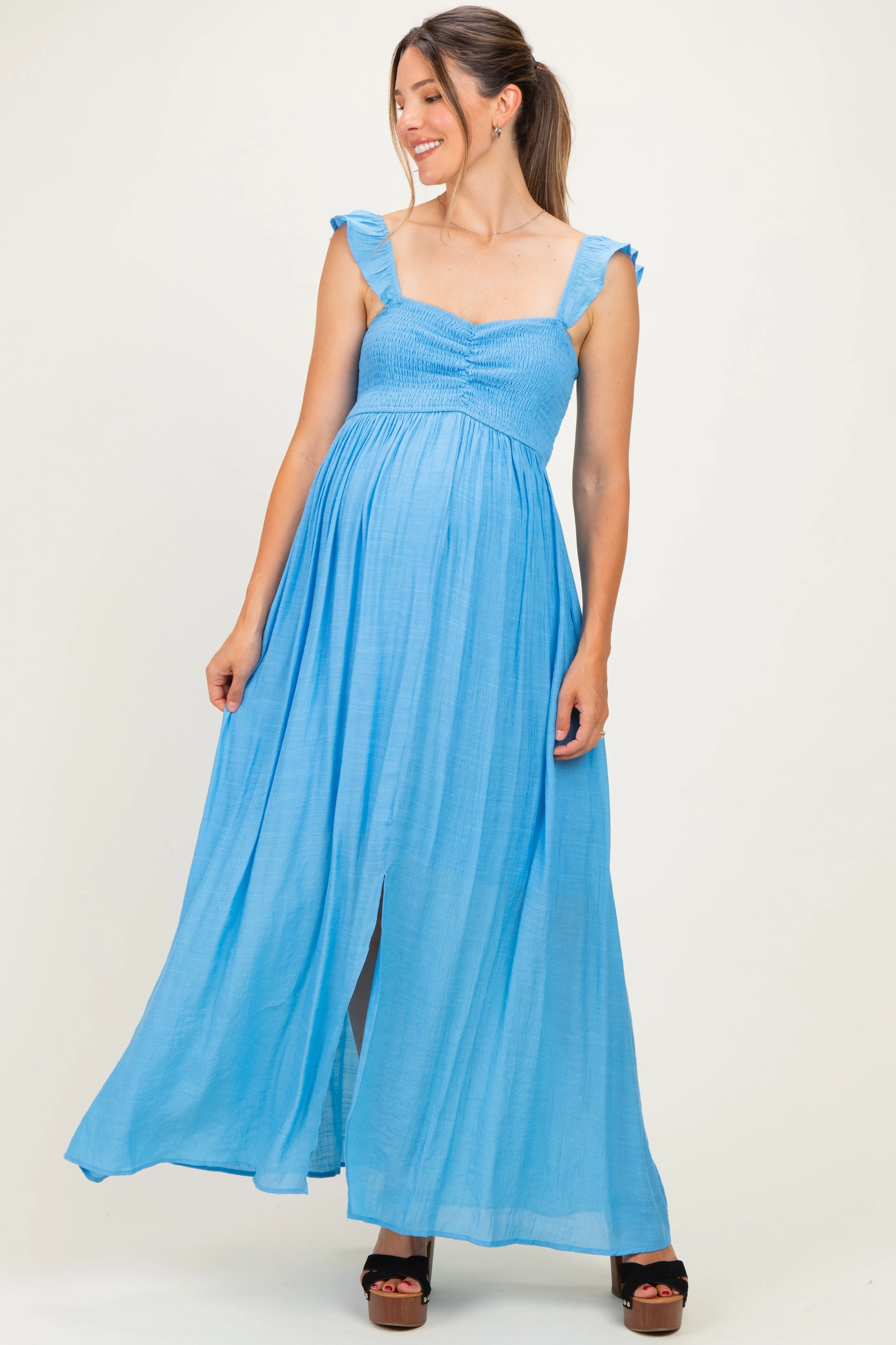 Blue Cinched Smocked Bust Sleeveless Maternity Maxi Dress sold by Pinkblush
