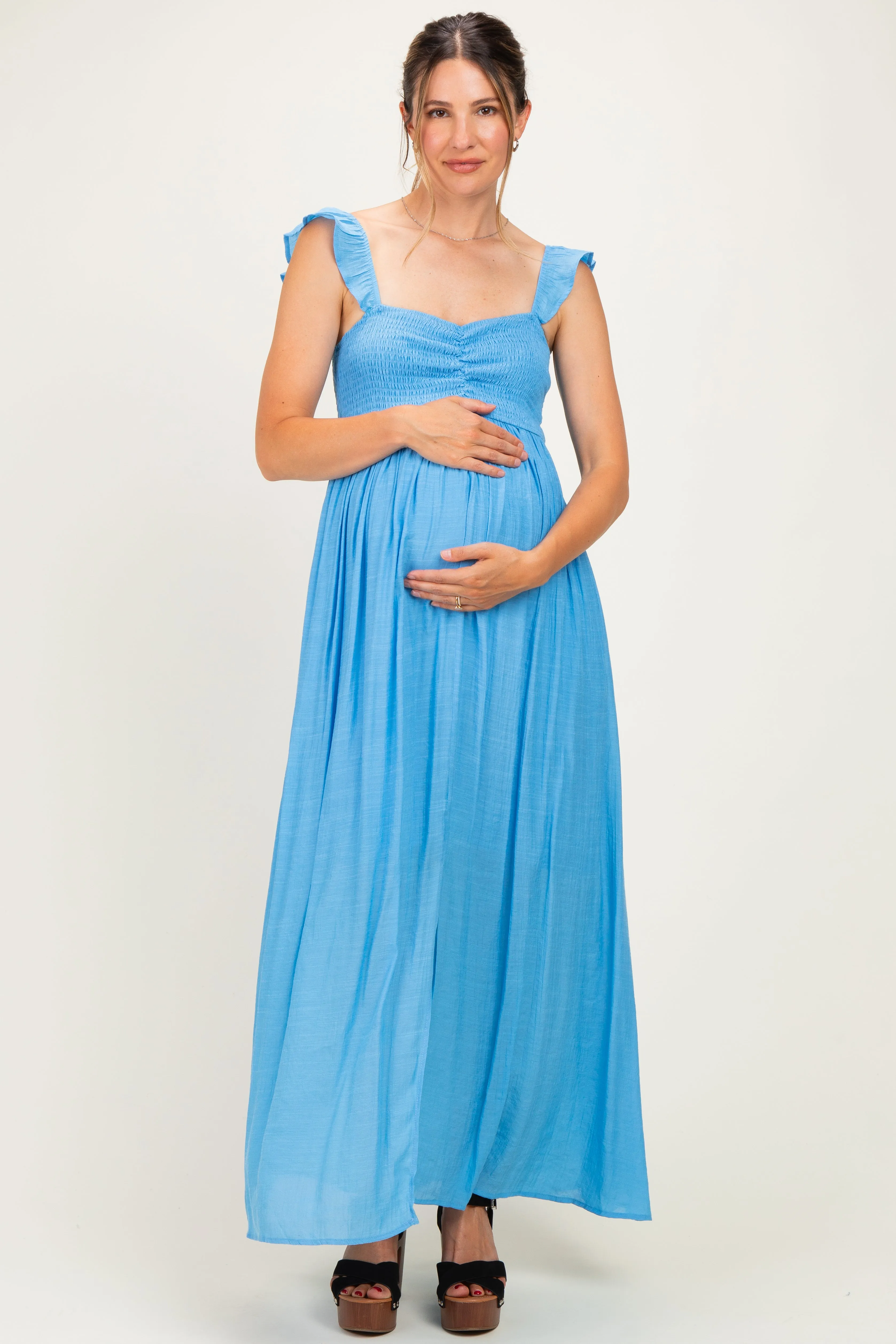 Blue Cinched Smocked Bust Sleeveless Maternity Maxi Dress sold by Pinkblush product image thumbnail 2