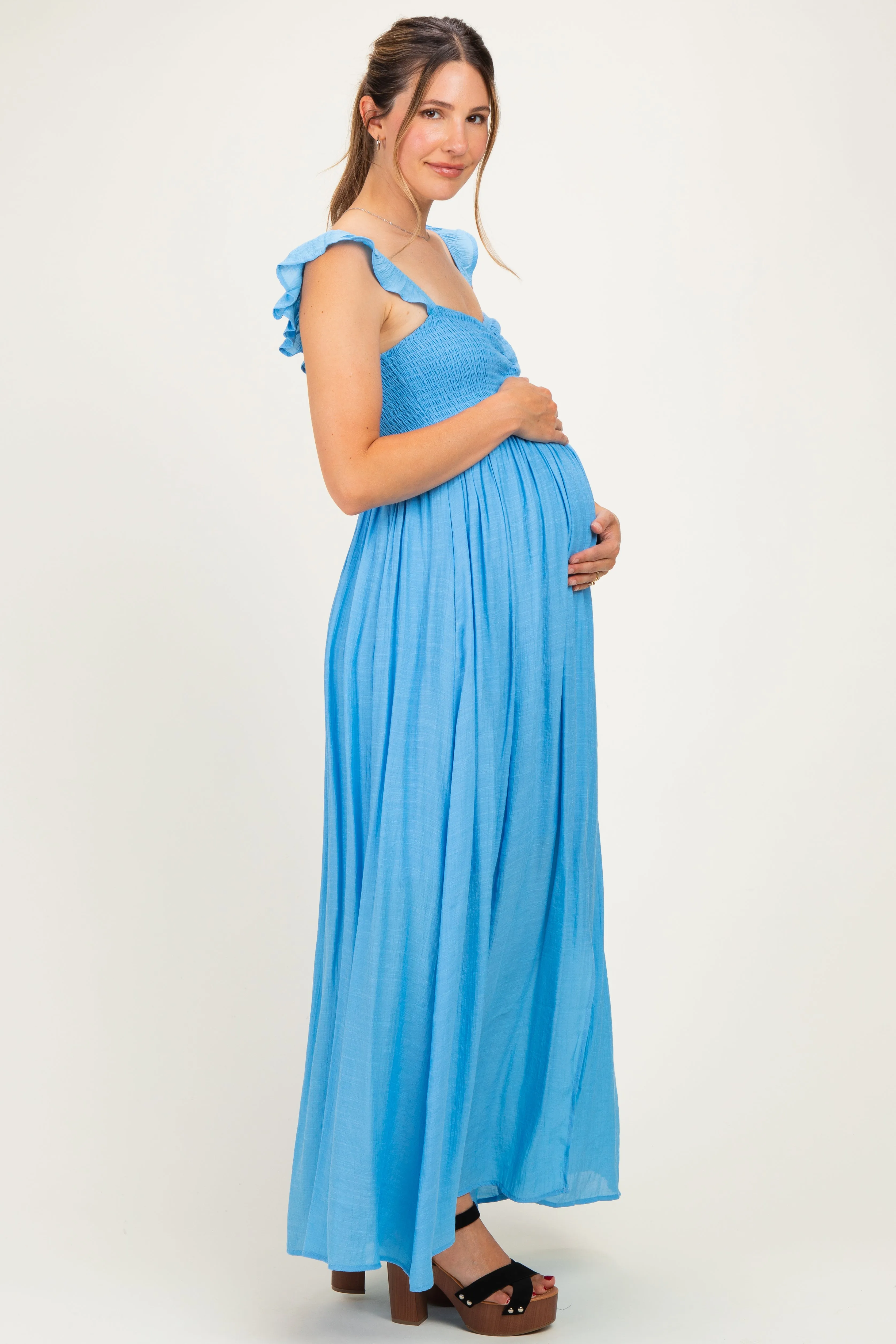 Blue Cinched Smocked Bust Sleeveless Maternity Maxi Dress sold by Pinkblush product image thumbnail 3