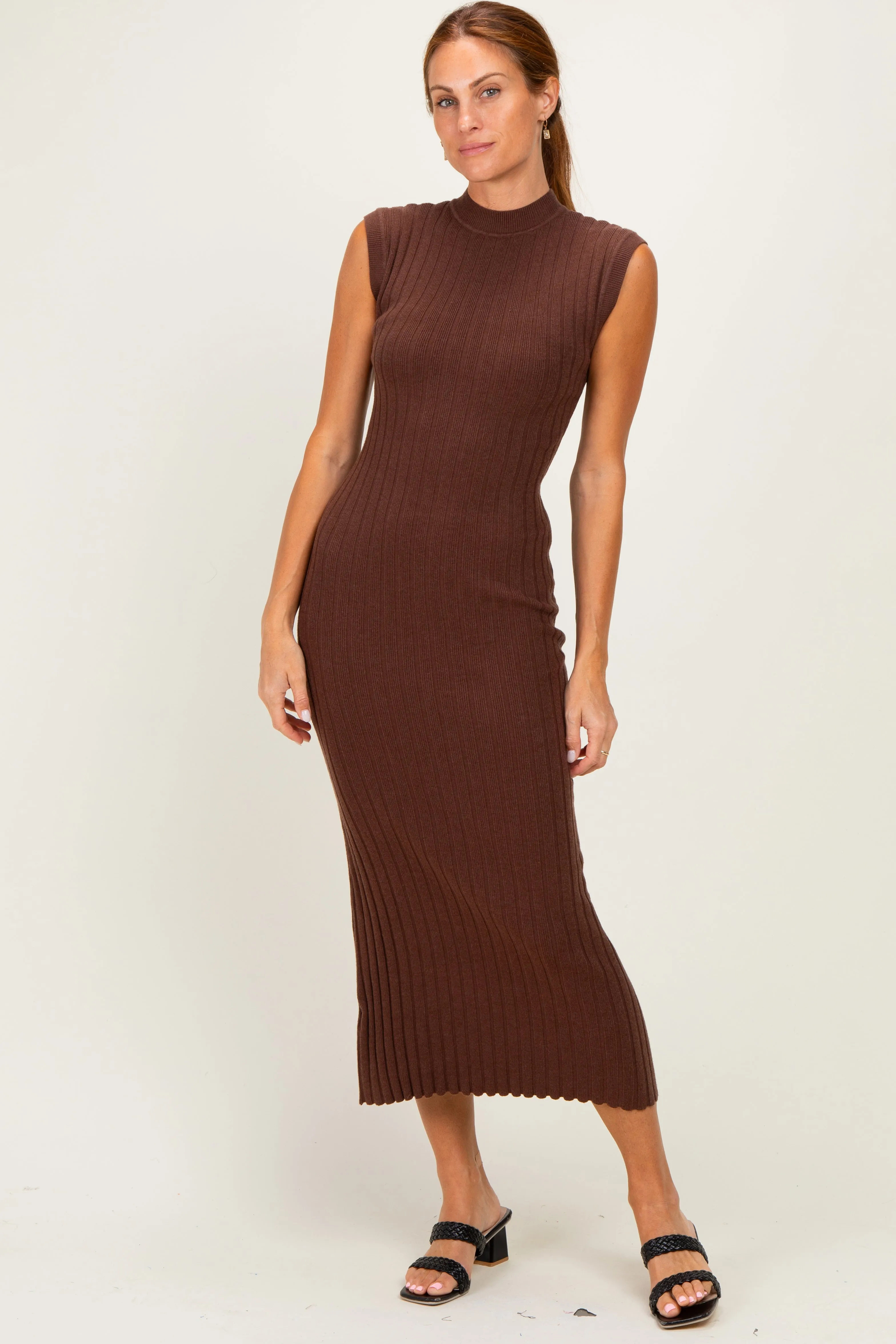 Chocolate Ribbed Knit Mock Neck Maxi Dress sold by Pinkblush