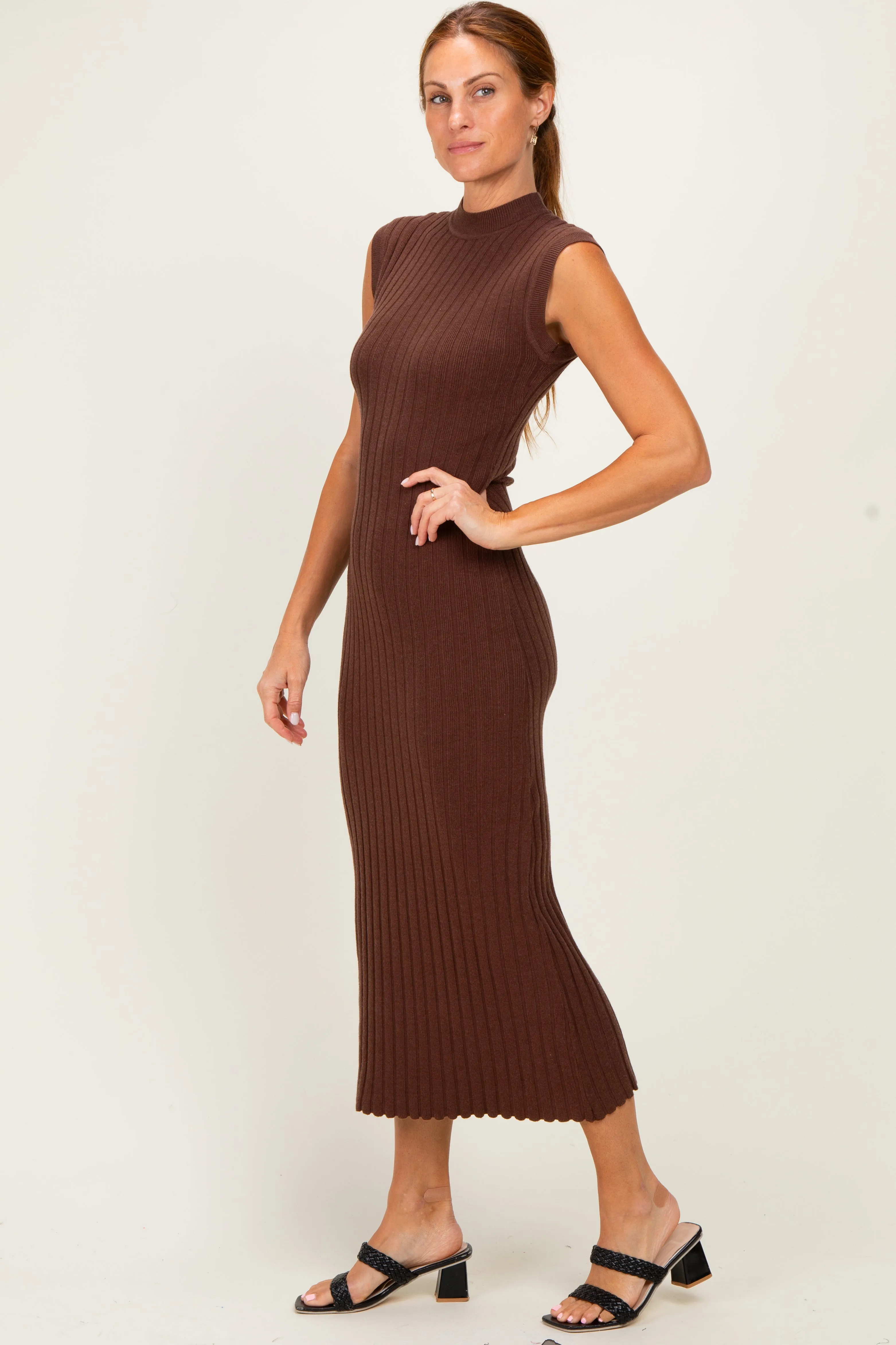 Chocolate Ribbed Knit Mock Neck Maxi Dress sold by Pinkblush product image thumbnail 2