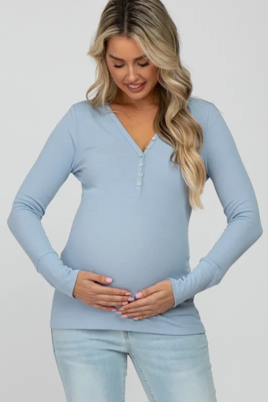 Light Blue Ribbed Button Front Long Sleeve Maternity Top sold by Pinkblush