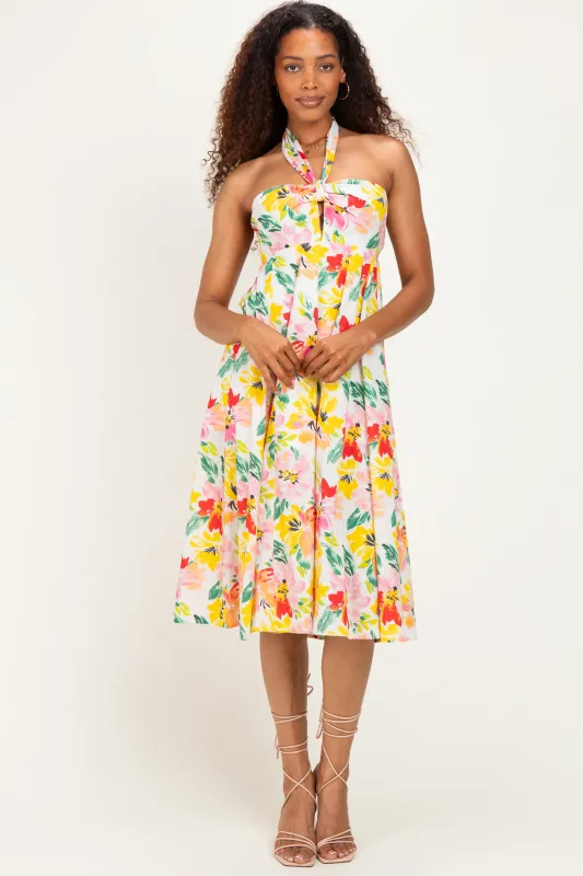 Ivory Floral Keyhole Halter Midi Dress made by Aakaa