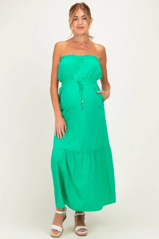 Green Strapless Cinched Waist Tie Maternity Maxi Dress made by Naked Zebra