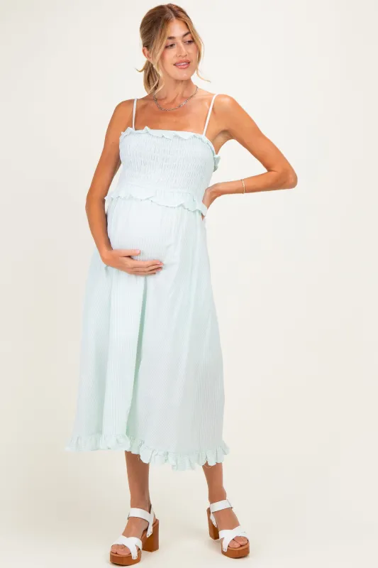 Sage Striped Smocked Ruffle Accent Maternity Midi Dress made by AnnieWear
