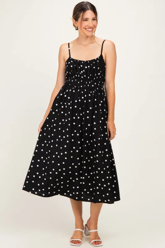 Black Polka Dot Shirred Waist Maternity Midi Dress made by Dress Forum