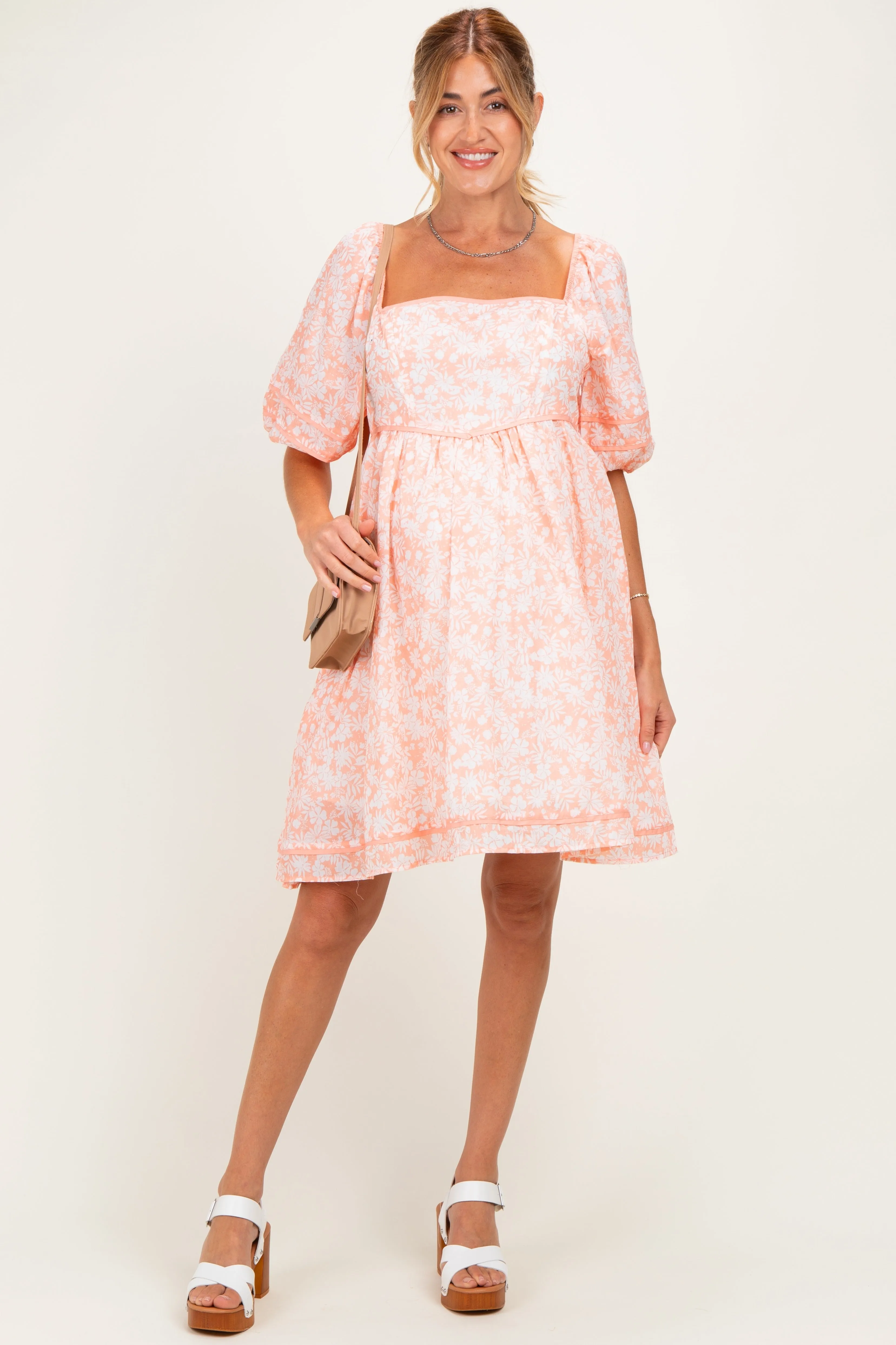 Coral Contrast Binded Floral Maternity Mini Dress sold by Pinkblush