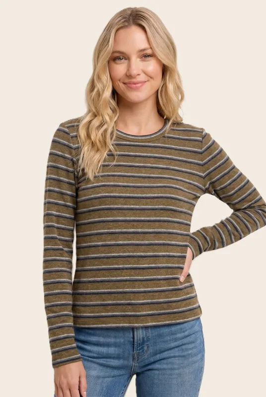 Olive Double Striped Long Sleeve Top made by Staccato