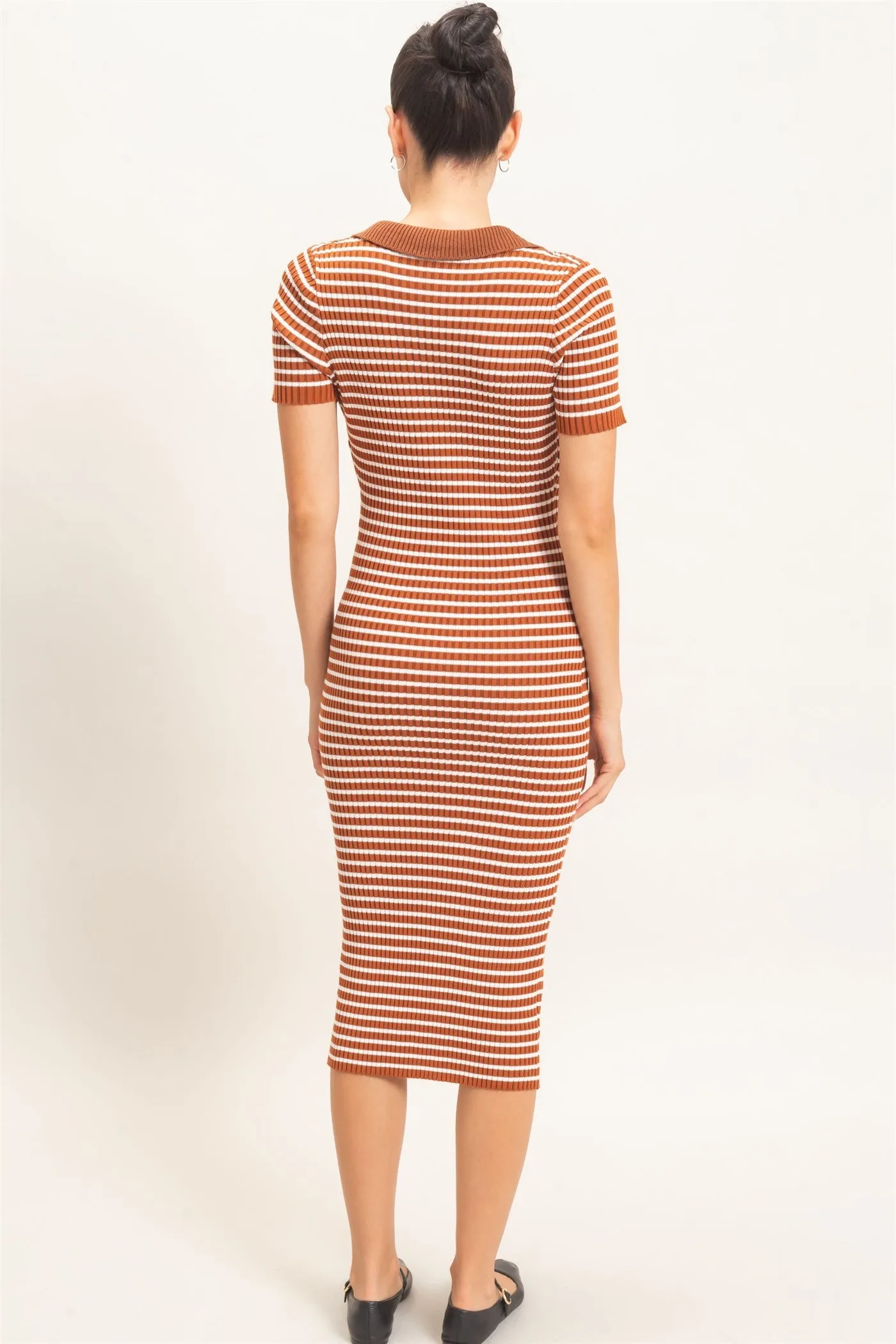 Brown Ribbed Striped Collared Midi Dress sold by Pinkblush product image thumbnail 4
