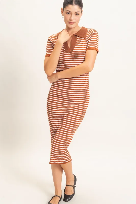 Brown Ribbed Striped Collared Midi Dress made by HYFVE
