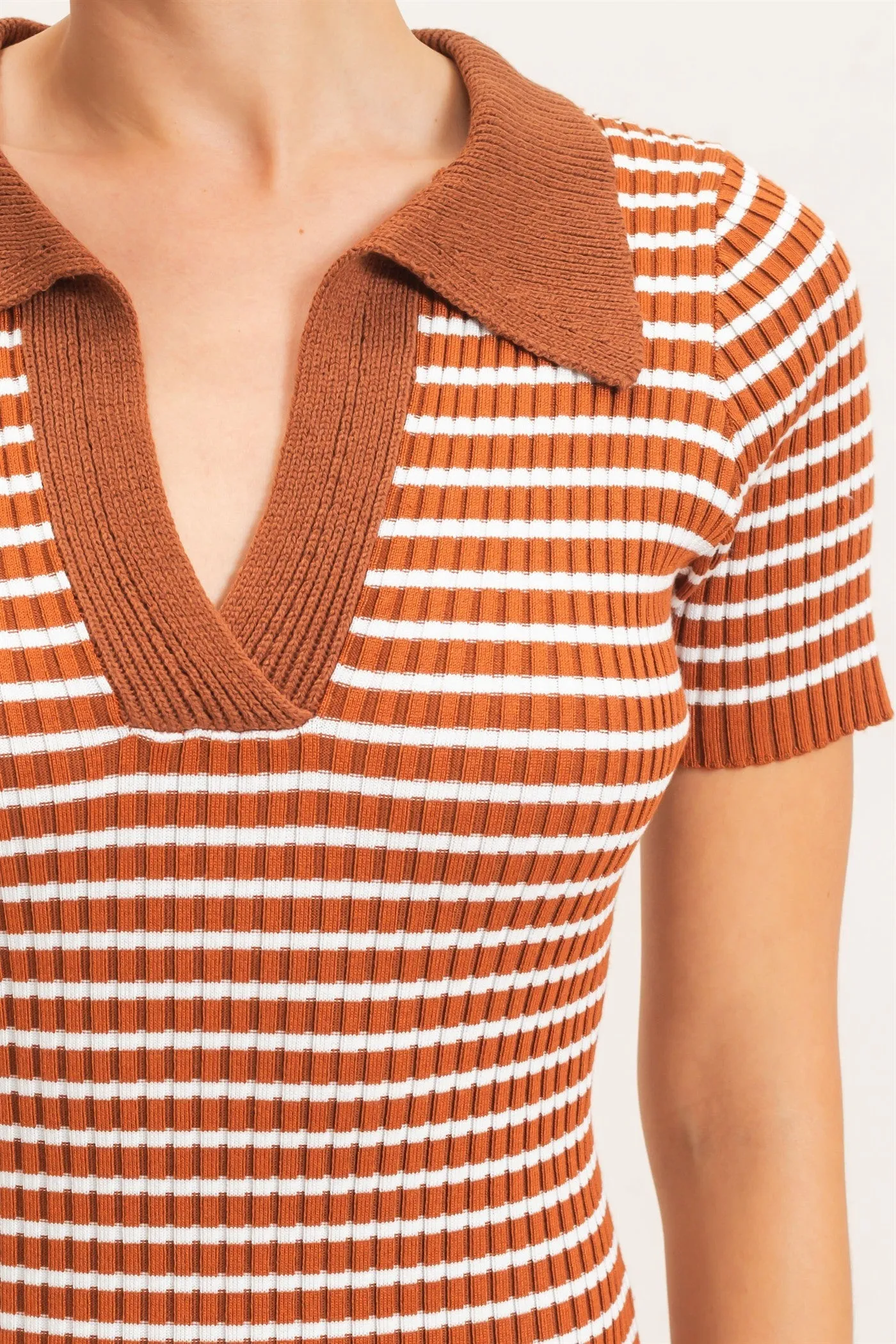 Brown Ribbed Striped Collared Midi Dress sold by Pinkblush product image thumbnail 5