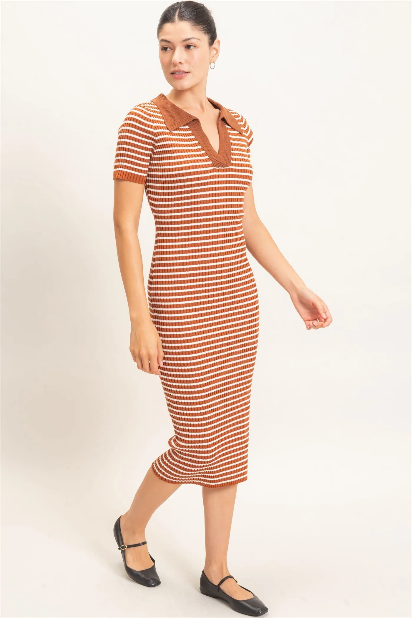 Brown Ribbed Striped Collared Midi Dress sold by Pinkblush product image thumbnail 2