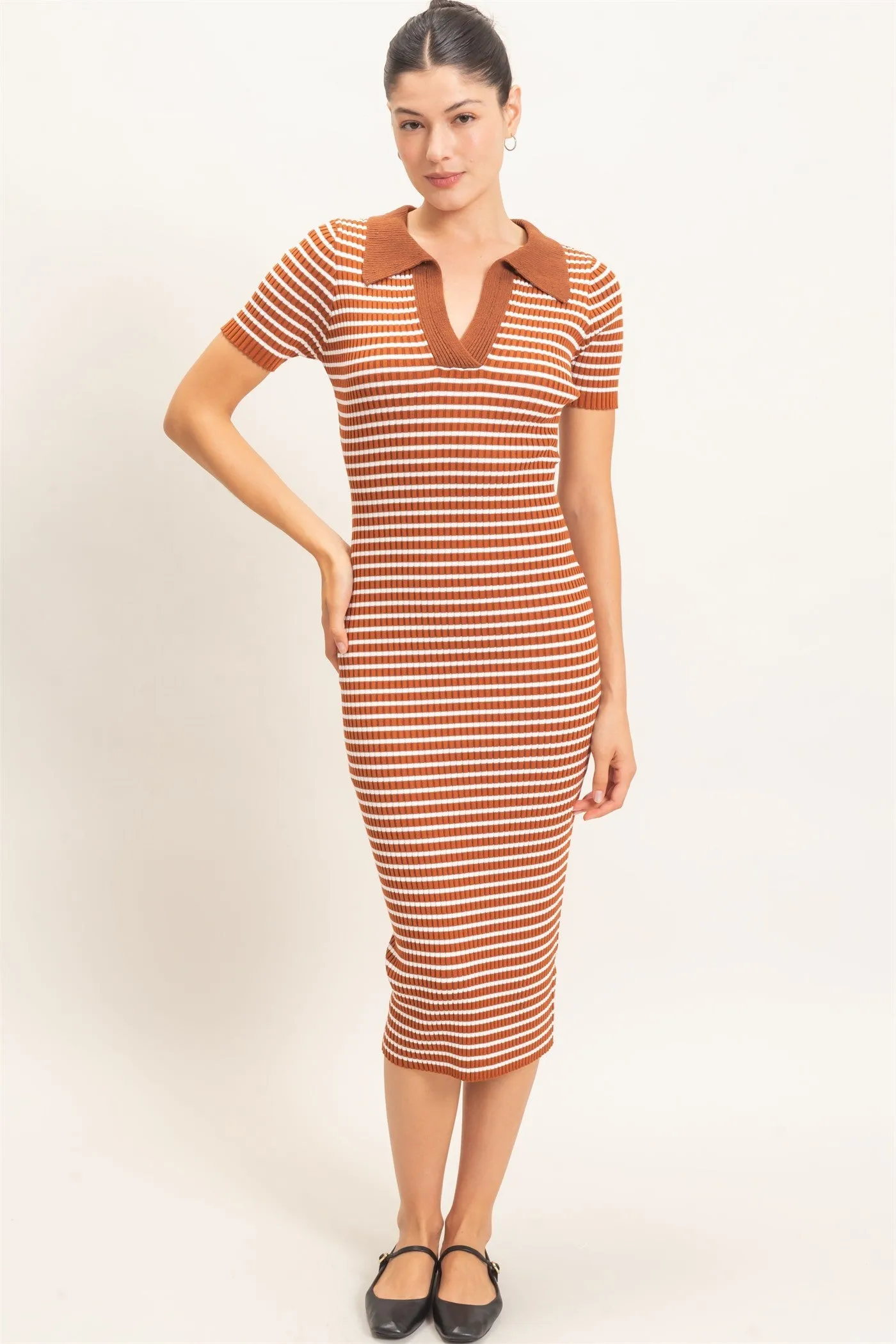 Brown Ribbed Striped Collared Midi Dress sold by Pinkblush product image thumbnail 3