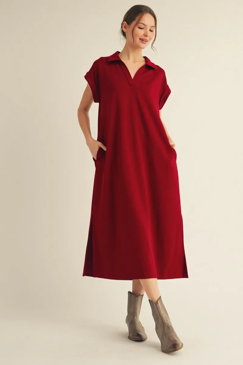 Burgundy Collared Oversized Midi Dress sold by Pinkblush