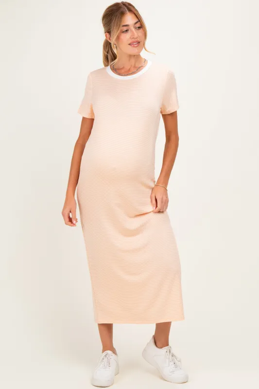 Ivory/ Salmon Striped Short Sleeve Maternity Maxi Dress made by Pinkblush