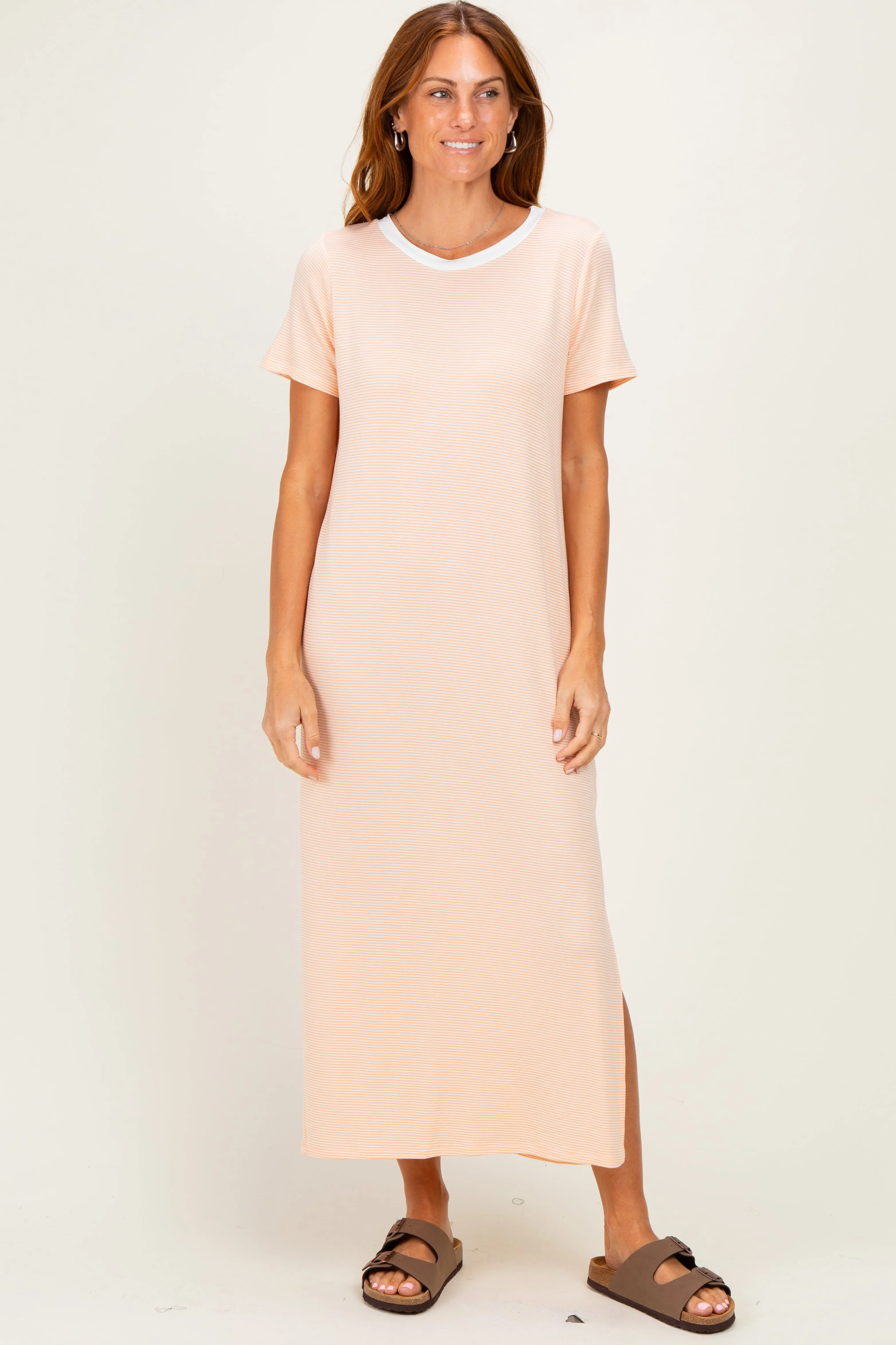 Ivory/ Salmon Striped Short Sleeve Maternity Maxi Dress sold by Pinkblush product image thumbnail 5