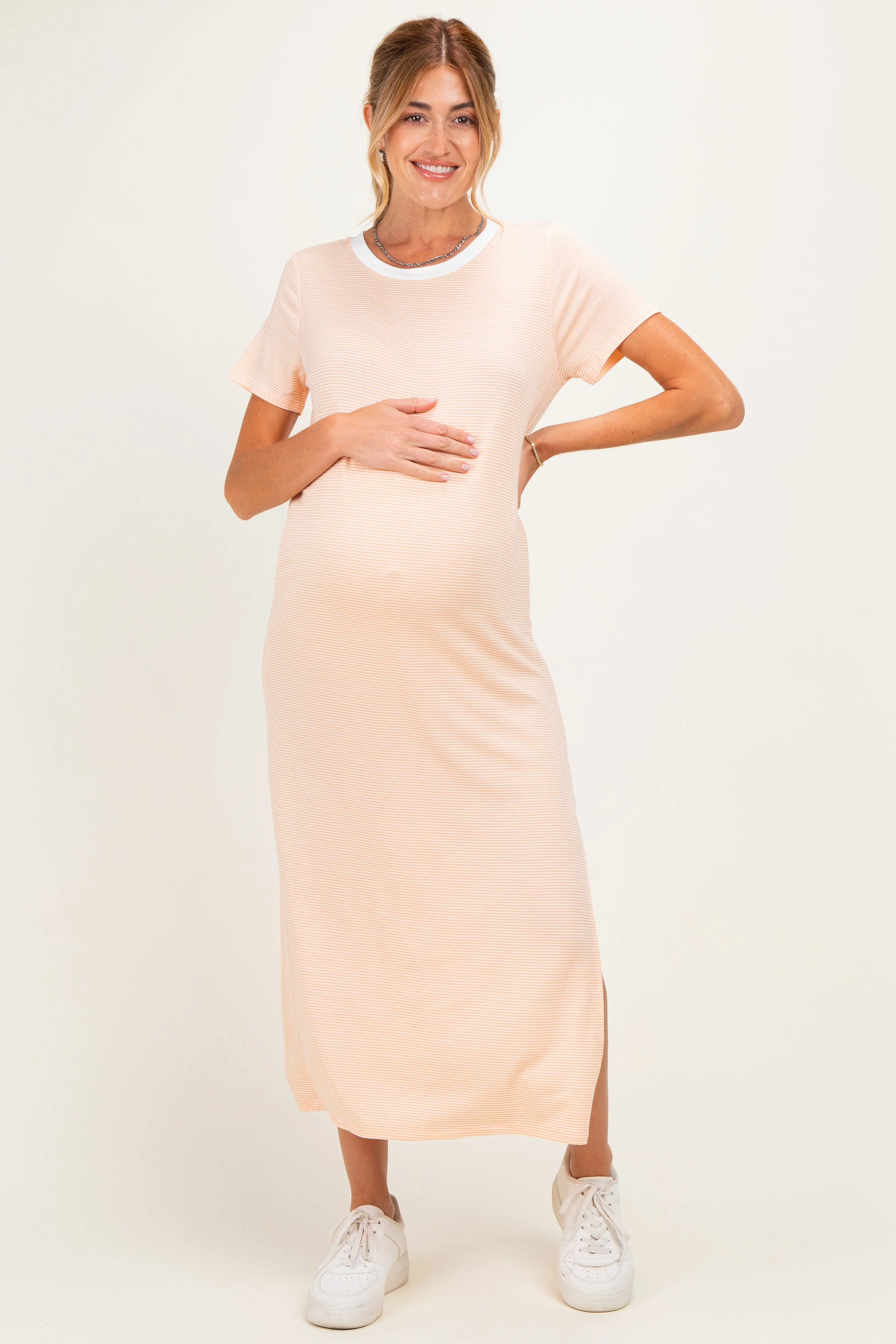 Ivory/ Salmon Striped Short Sleeve Maternity Maxi Dress sold by Pinkblush product image thumbnail 2