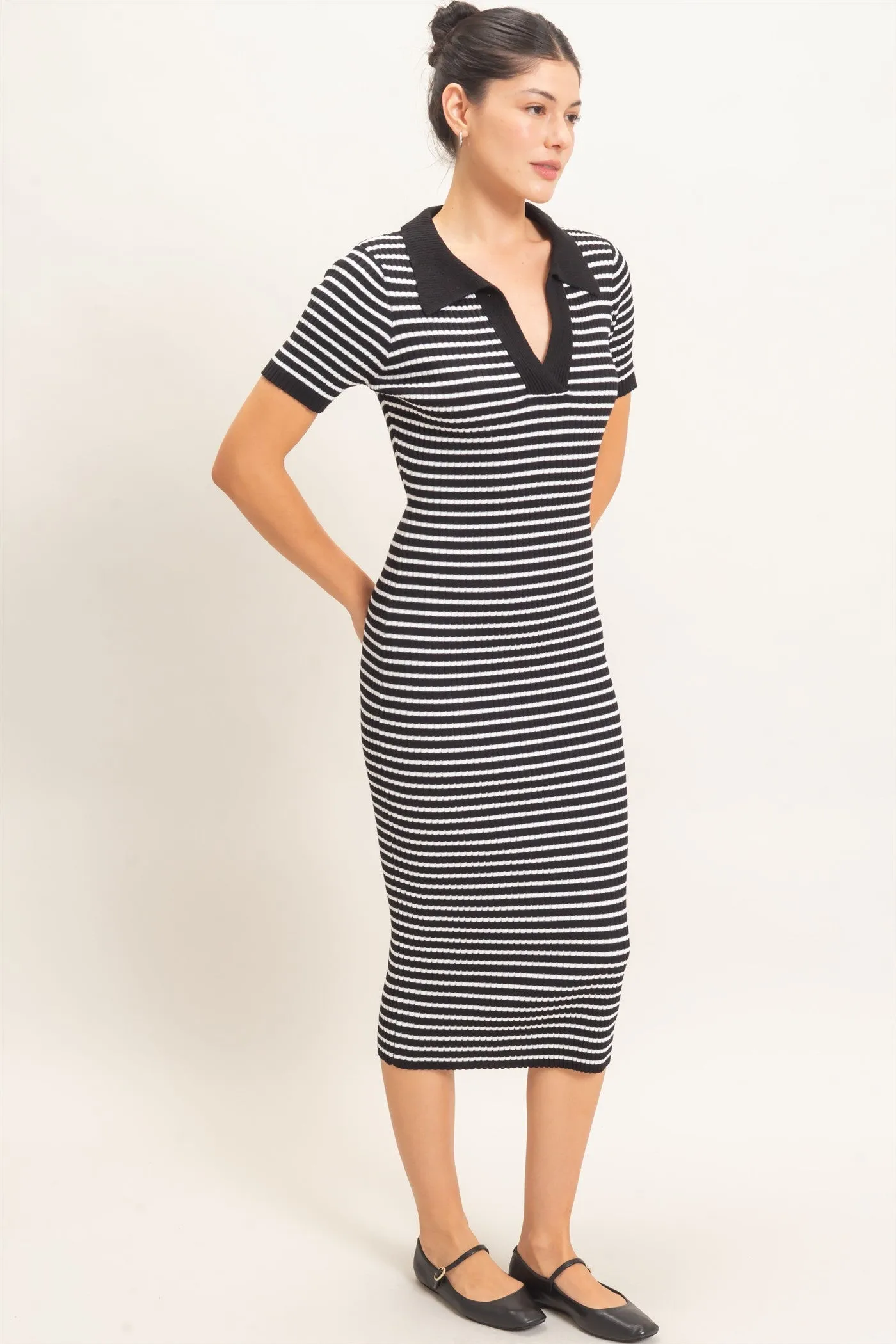 Black Ribbed Striped Collared Midi Dress sold by Pinkblush product image thumbnail 2