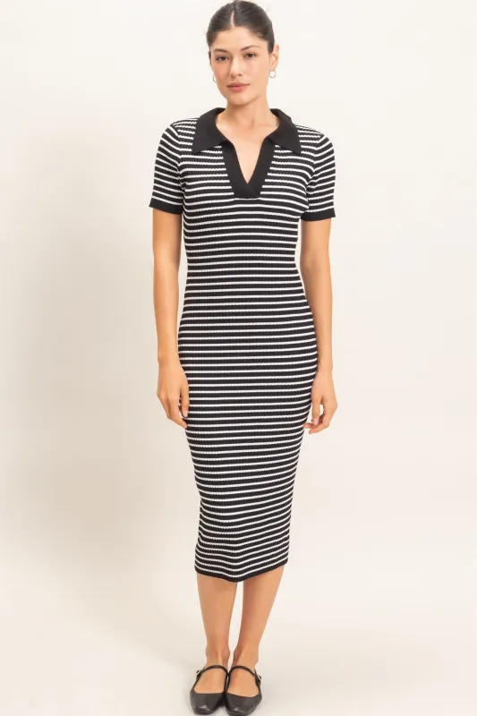 Black Ribbed Striped Collared Midi Dress made by HYFVE