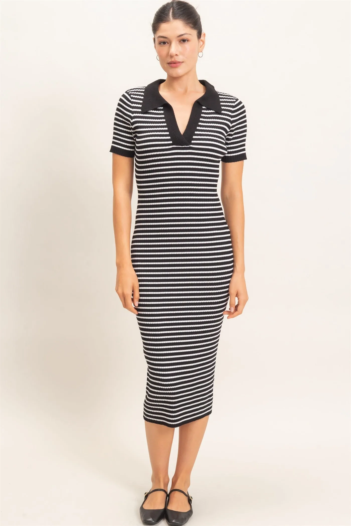 Black Ribbed Striped Collared Midi Dress sold by Pinkblush