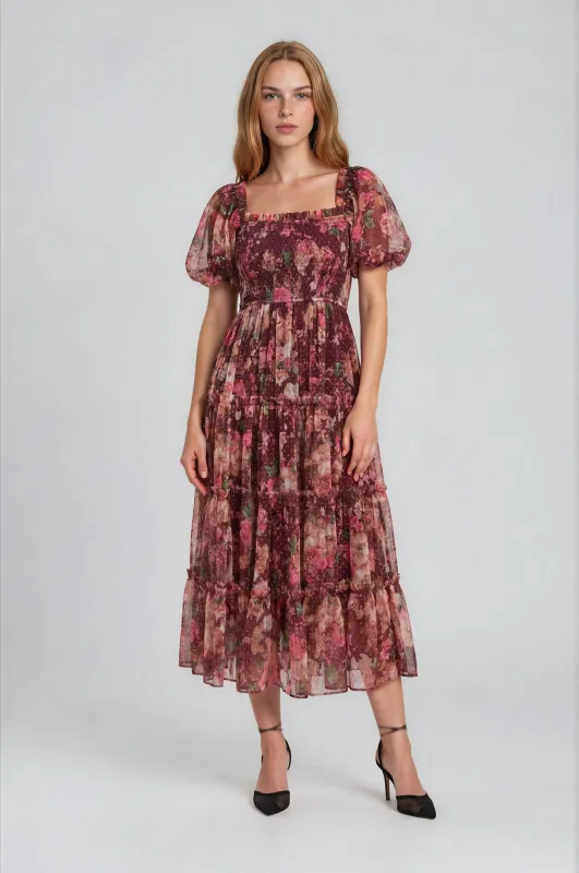 Burgundy Floral Polka Dot Tulle Midi Dress made by Blu Pepper