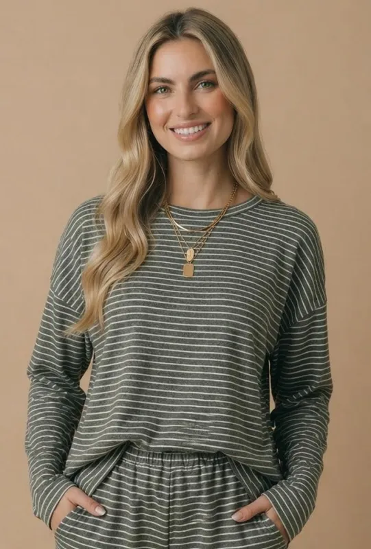 Olive Striped Oversized French Terry Top made by Pinkblush
