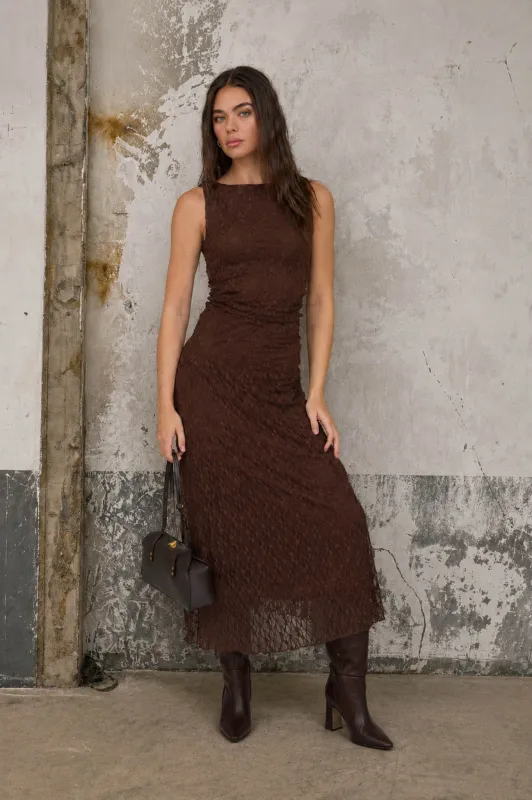 Dark Brown Lace Ruched Midi Tank Dress made by Blu Pepper