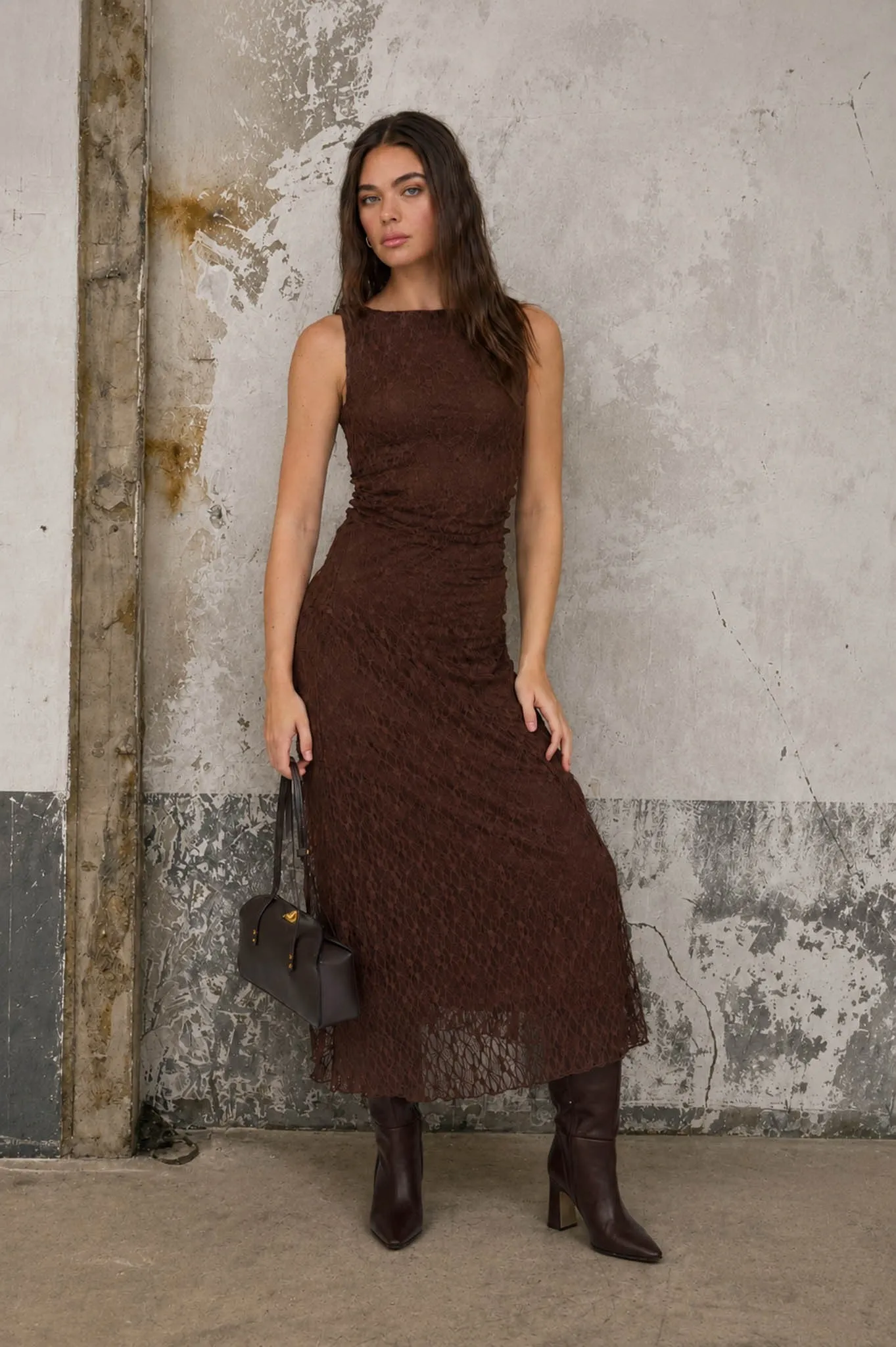 Dark Brown Lace Ruched Midi Tank Dress sold by Pinkblush