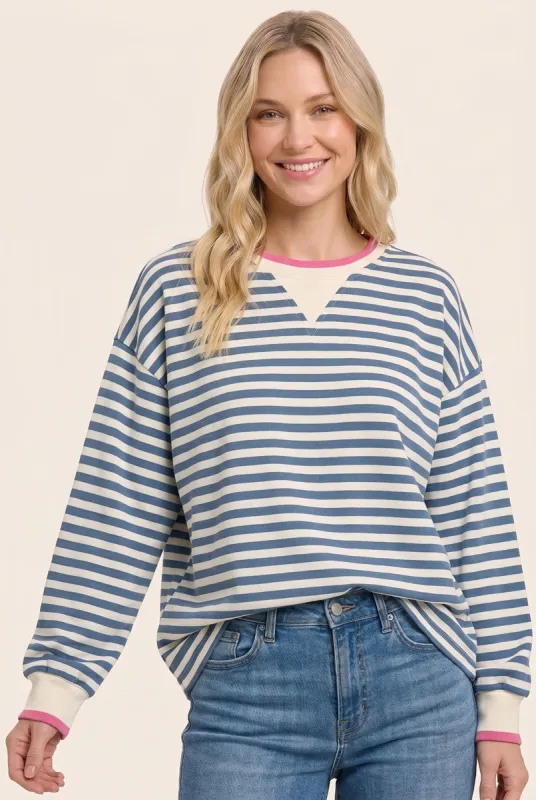 Denim Blue Relaxed Fit Striped Pullover made by Staccato