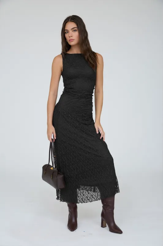Black Lace Ruched Midi Tank Dress made by Blu Pepper