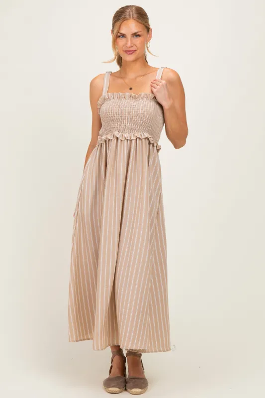 Taupe Sleeveless Smocked Striped Maxi Dress made by Pinkblush