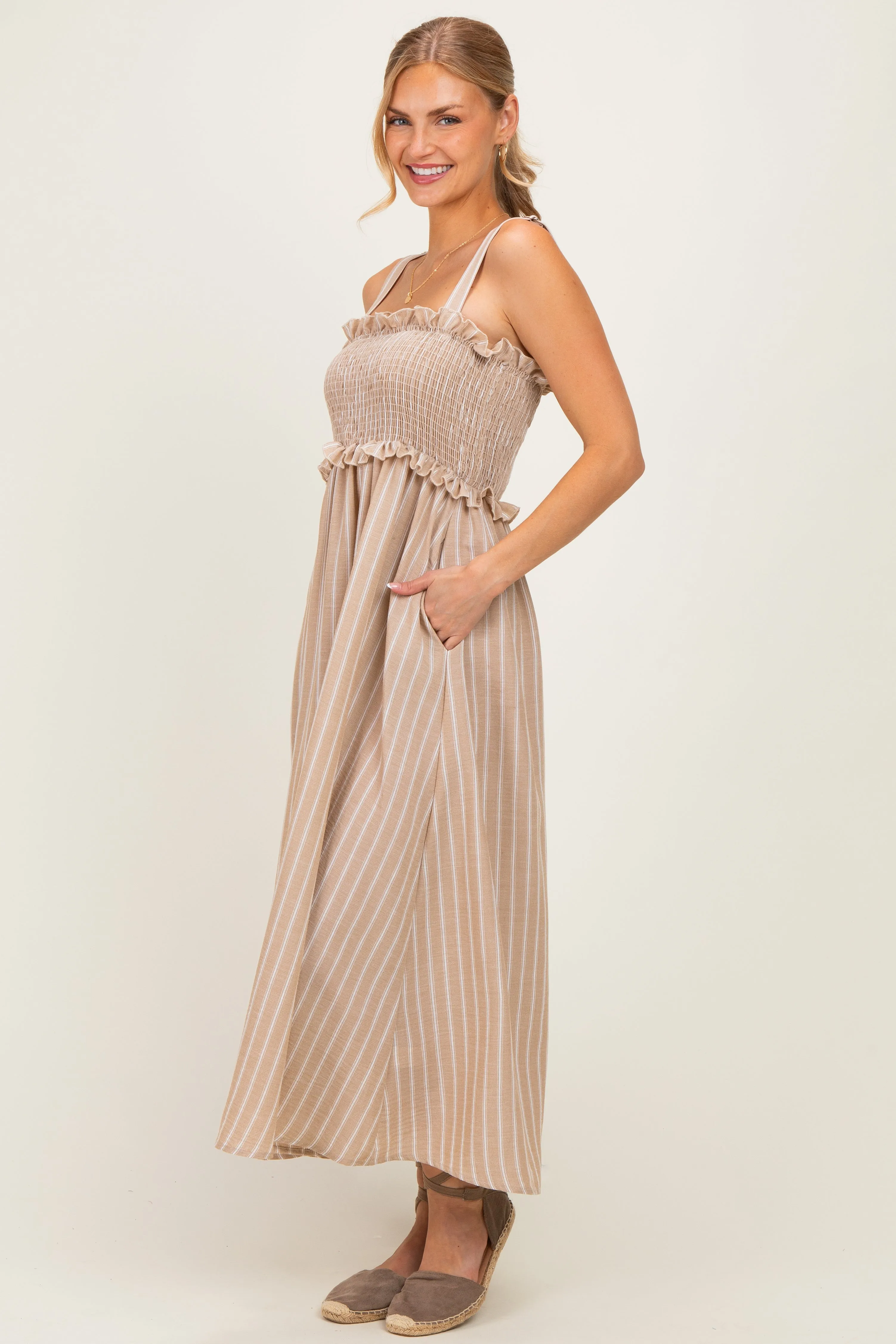 Taupe Sleeveless Smocked Striped Maxi Dress sold by Pinkblush product image thumbnail 2