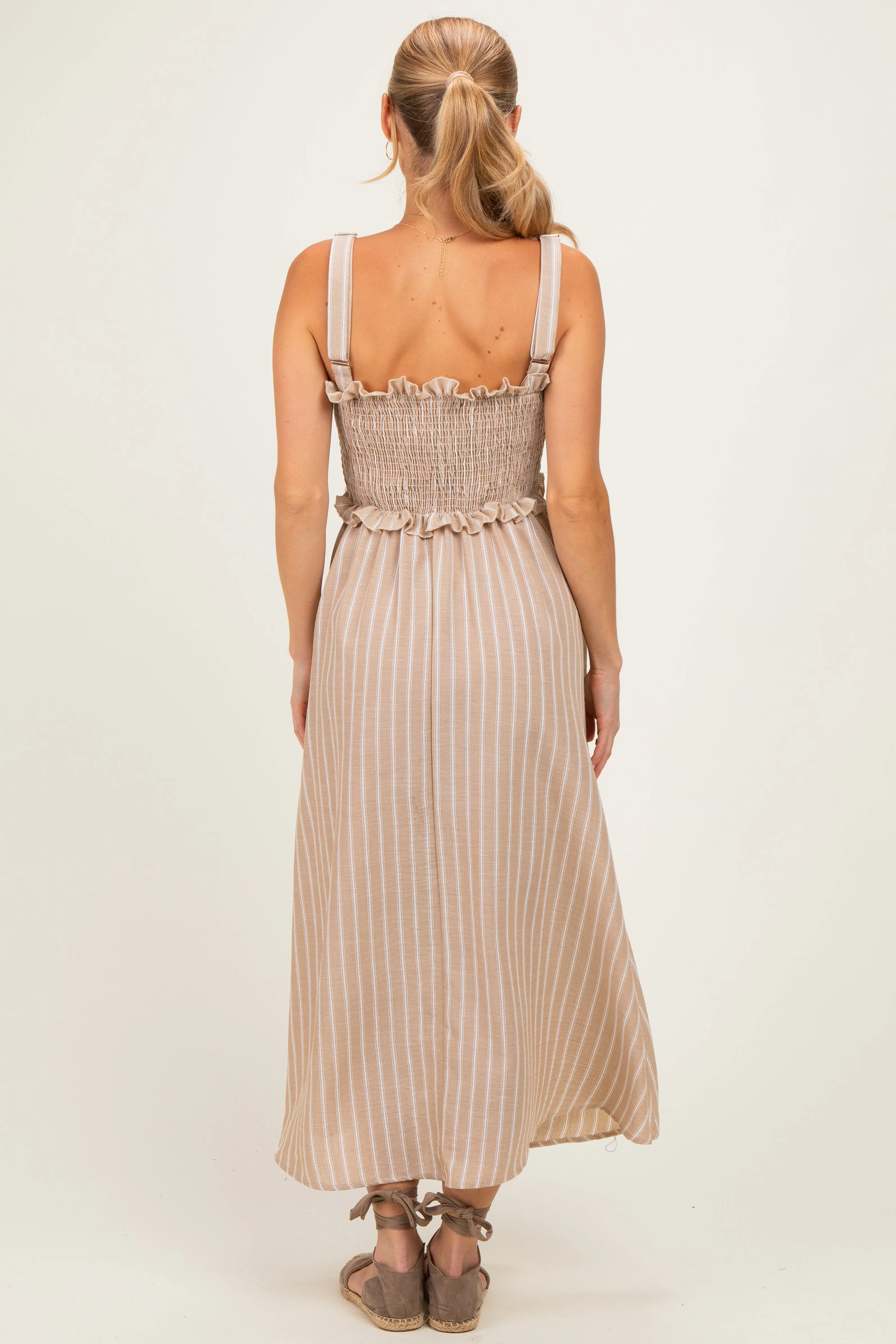 Taupe Sleeveless Smocked Striped Maxi Dress sold by Pinkblush product image thumbnail 3