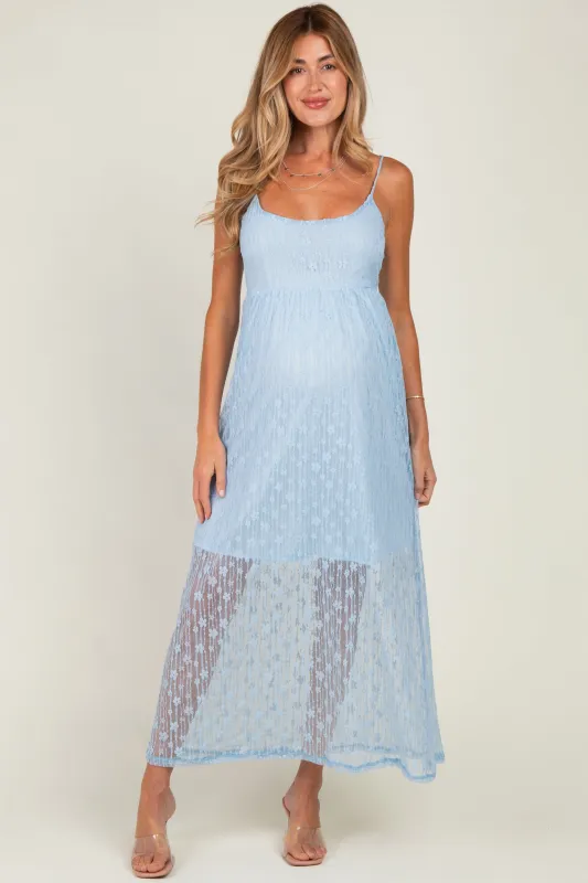 Light Blue Sleeveless Lace Maternity Maxi Dress made by Pinkblush