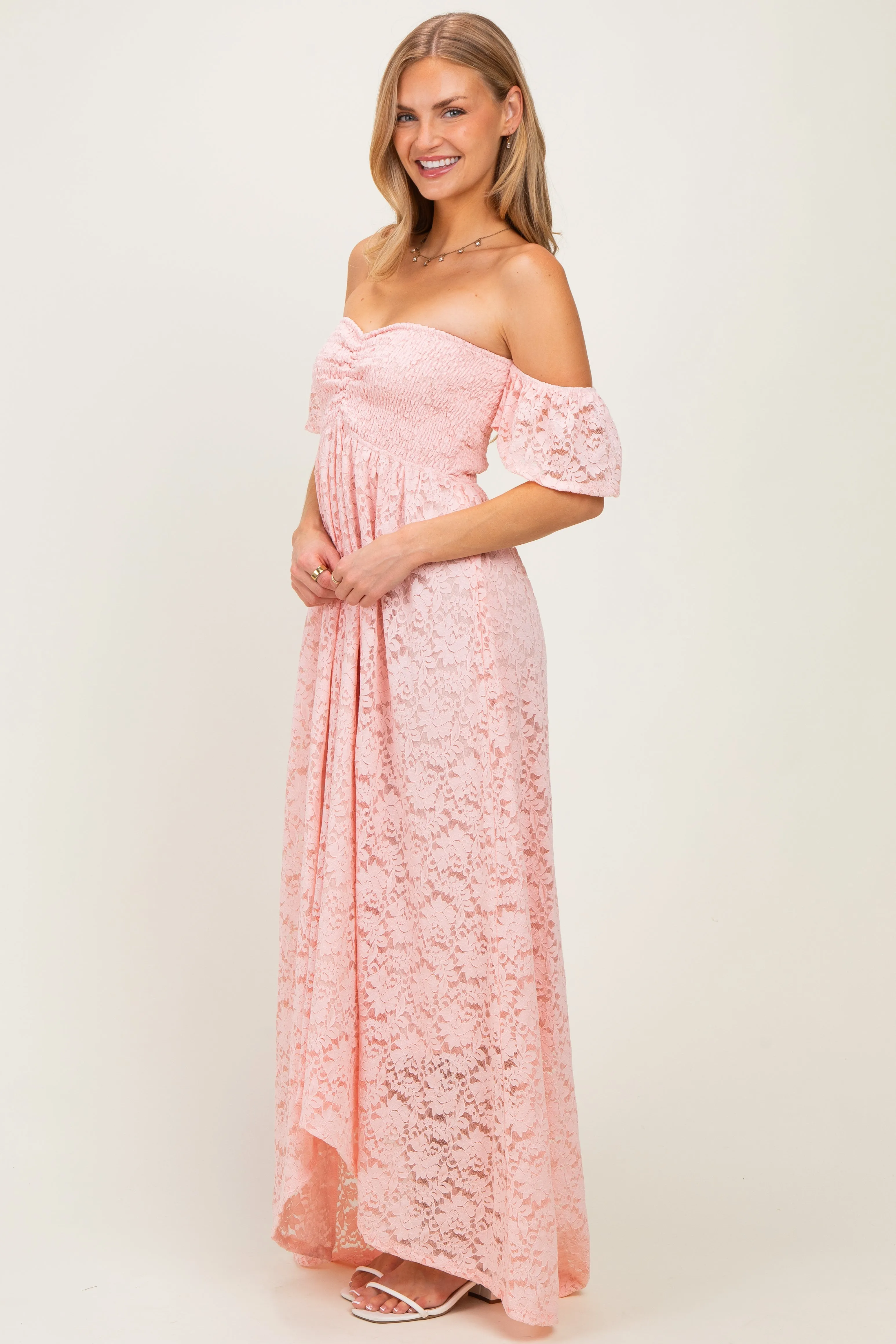 Light Pink Lace Off Shoulder Maxi Dress sold by Pinkblush product image thumbnail 2