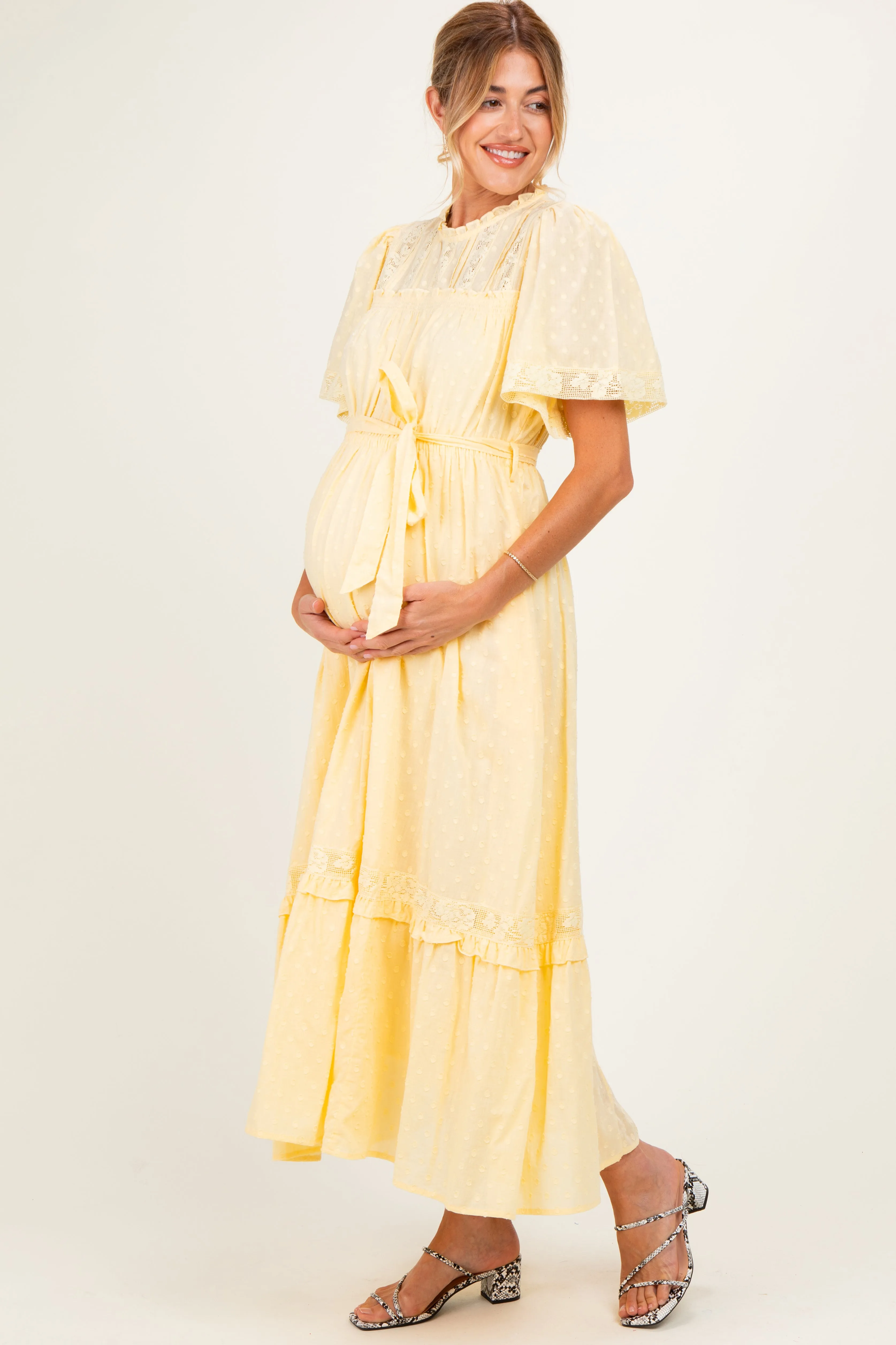 Yellow Swiss Dot Flutter Sleeve Maternity Maxi Dress sold by Pinkblush product image thumbnail 2