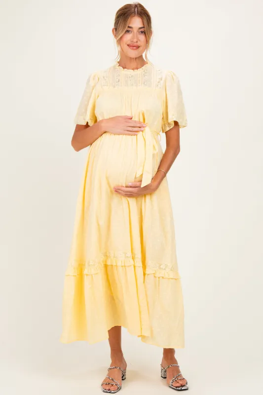 Yellow Swiss Dot Flutter Sleeve Maternity Maxi Dress made by Inloom