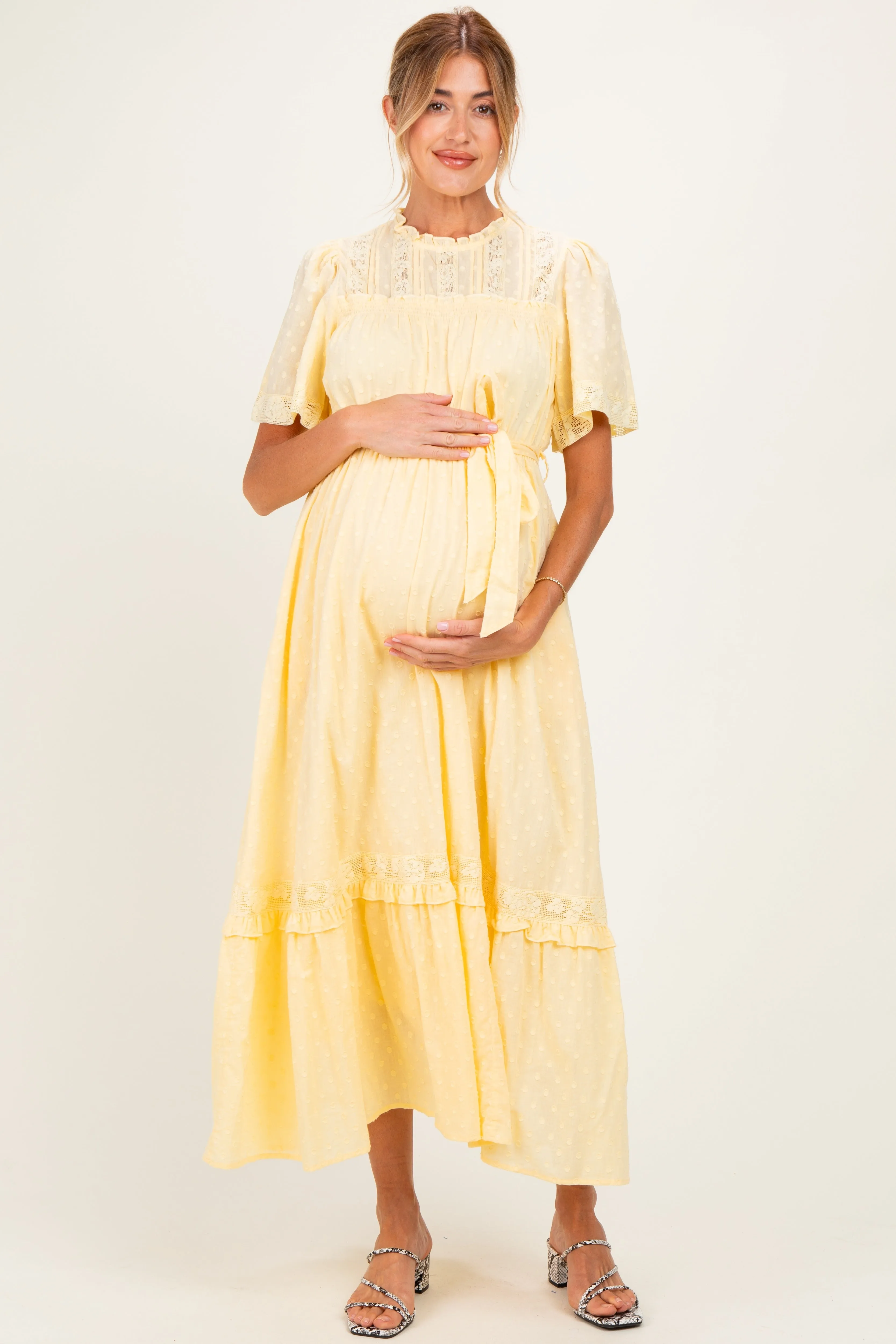 Yellow Swiss Dot Flutter Sleeve Maternity Maxi Dress sold by Pinkblush