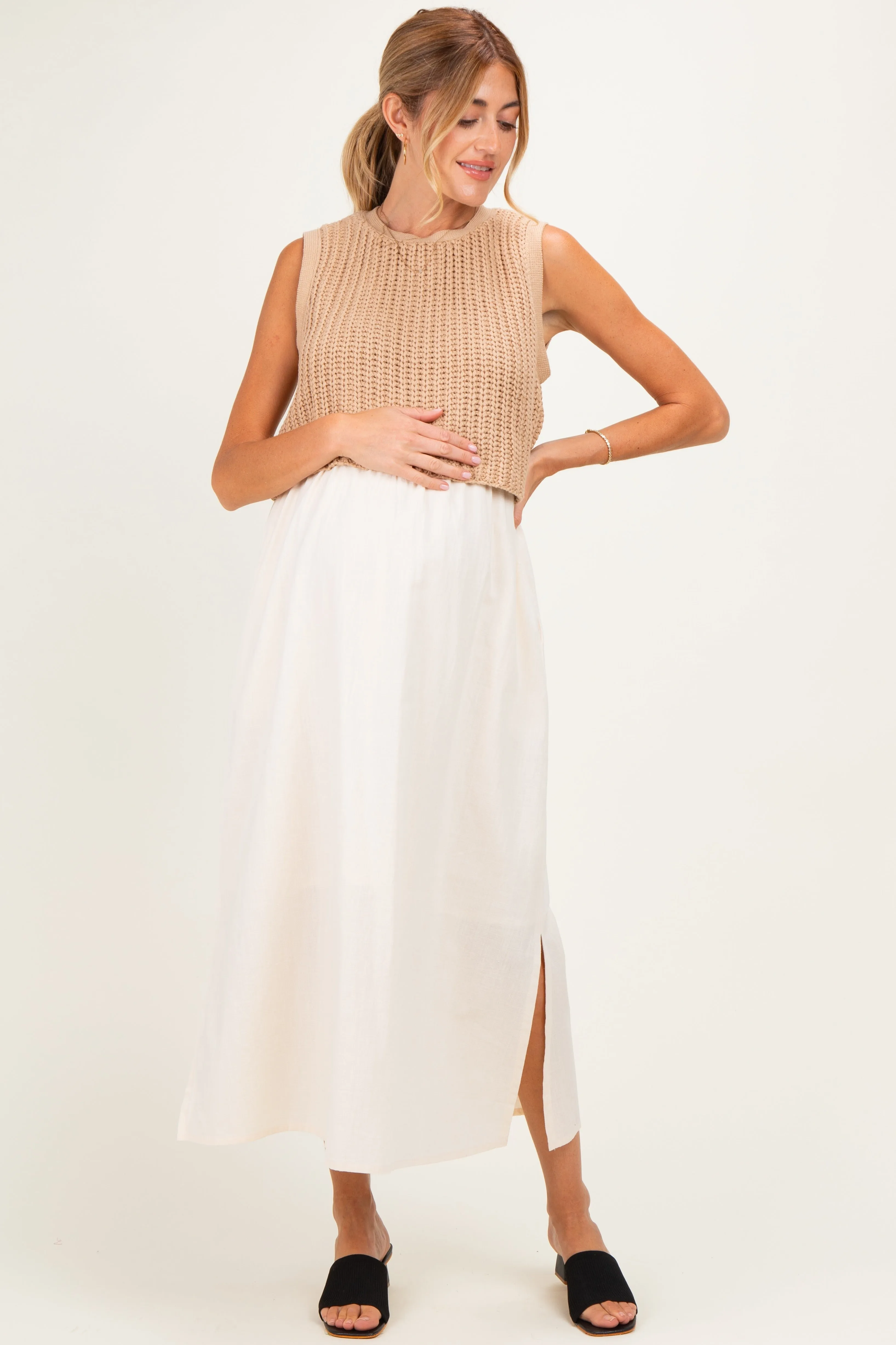 Mocha/ Cream Sleeveless Sweater Top Colorblock Maternity Midi Dress sold by Pinkblush